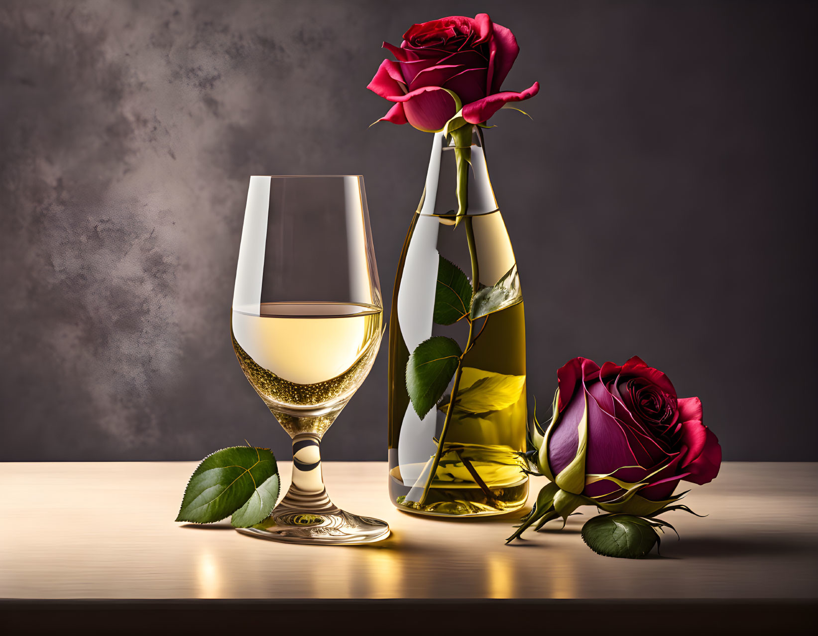 White wine glass, rose-wrapped bottle, roses on wood - elegant still life setting.