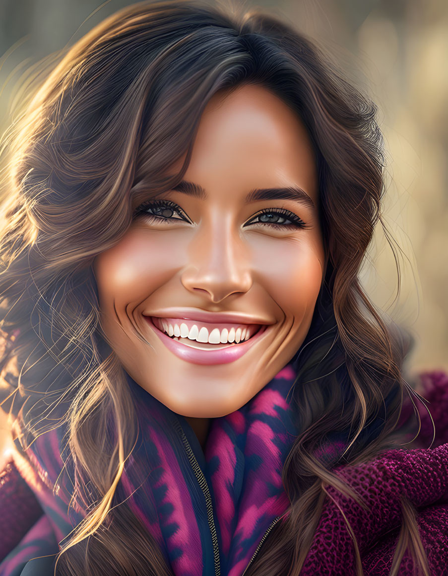 Smiling woman with long hair in jacket and scarf portrait.