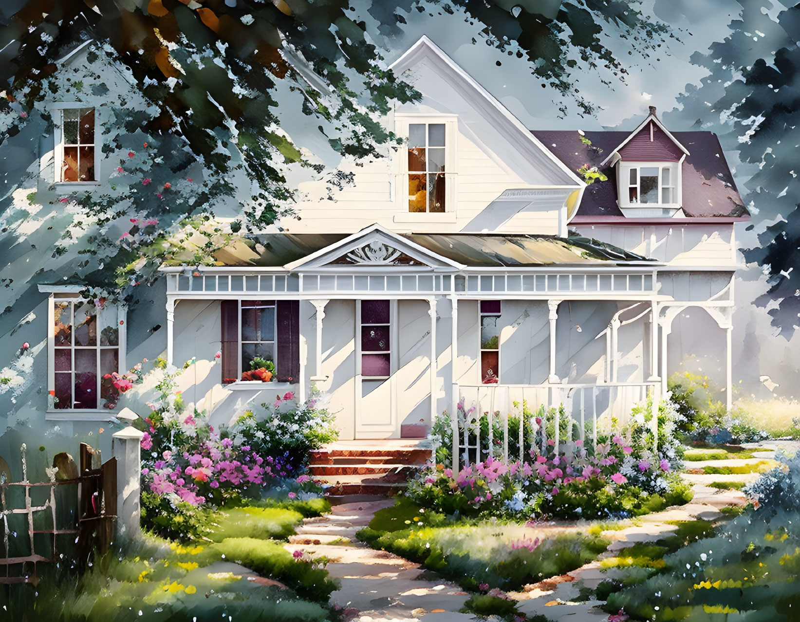 White House with Porch & Lush Garden in Sunlight