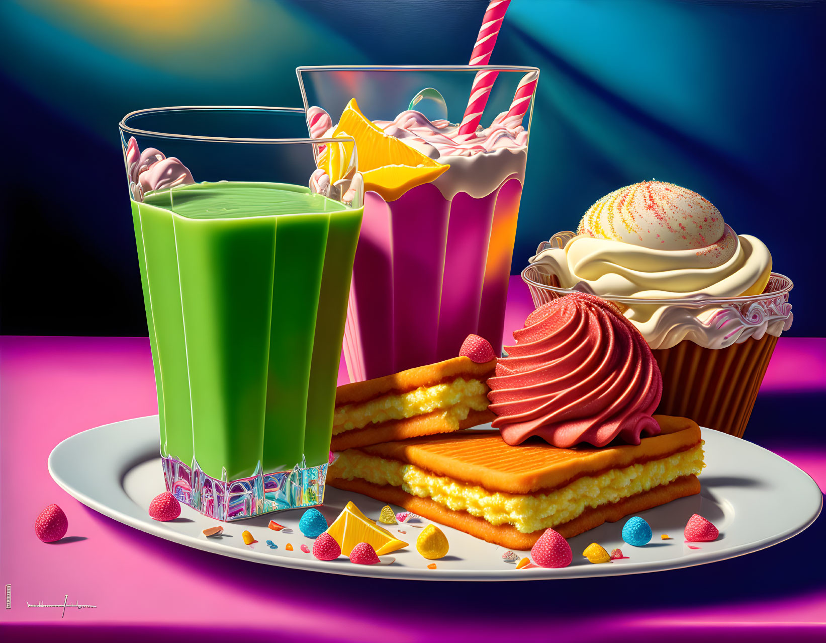 Colorful Still Life with Green Beverage, Layered Cake, Sweets, Cupcake, and Pink