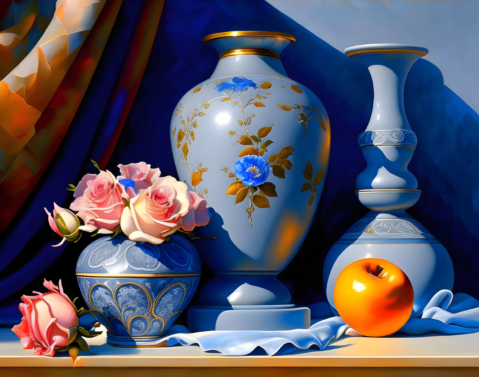 Ornate ceramic vases with roses, fruit, and fabric in still life.