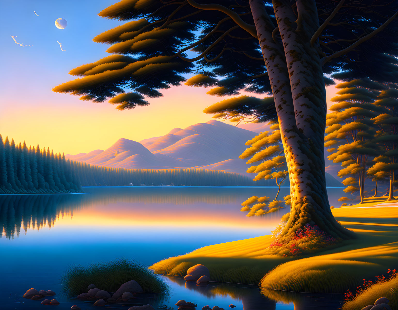 Tranquil lake landscape with pine trees, mountains, and crescent moon