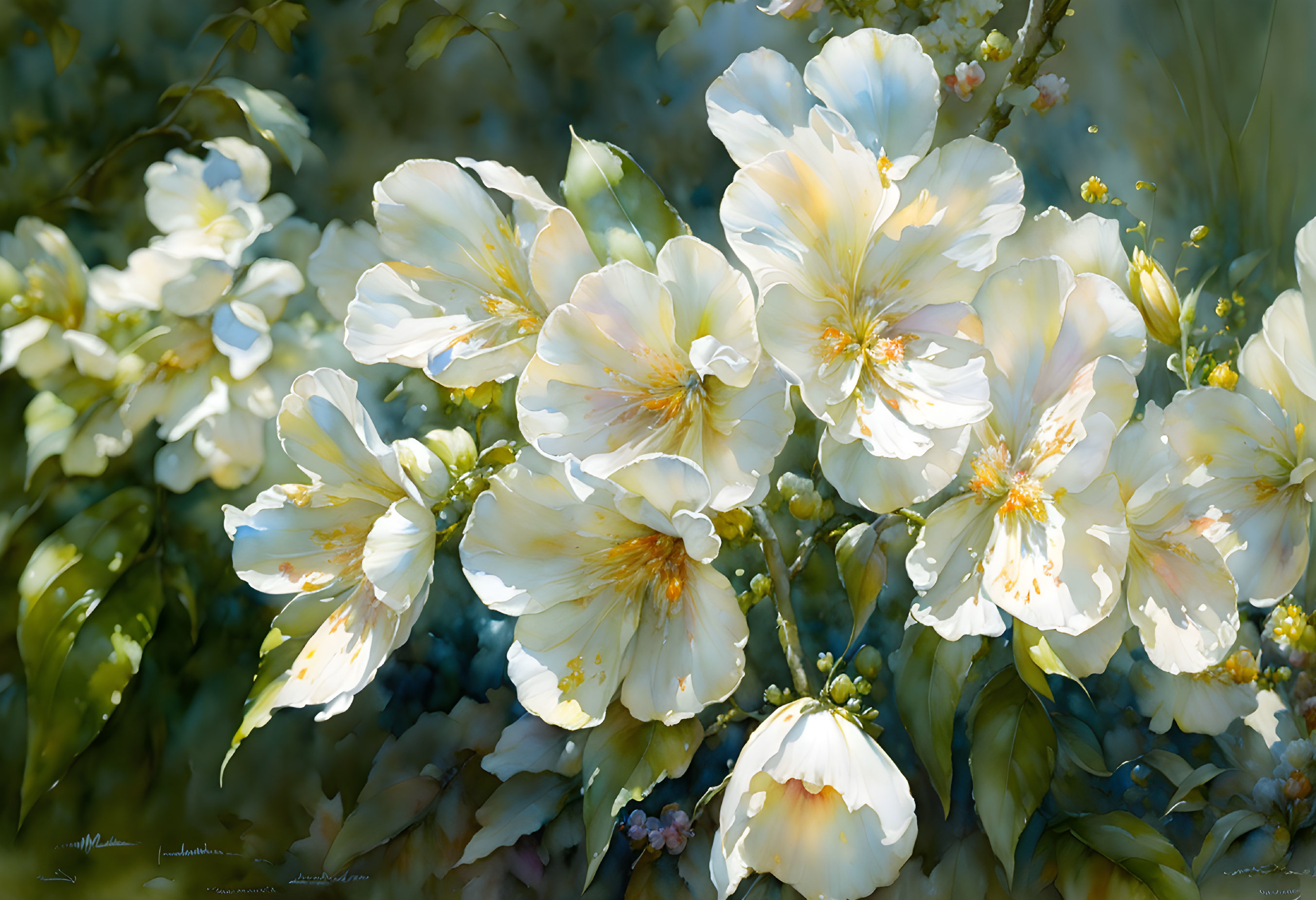 Delicate white flowers with yellow centers in a green foliage setting