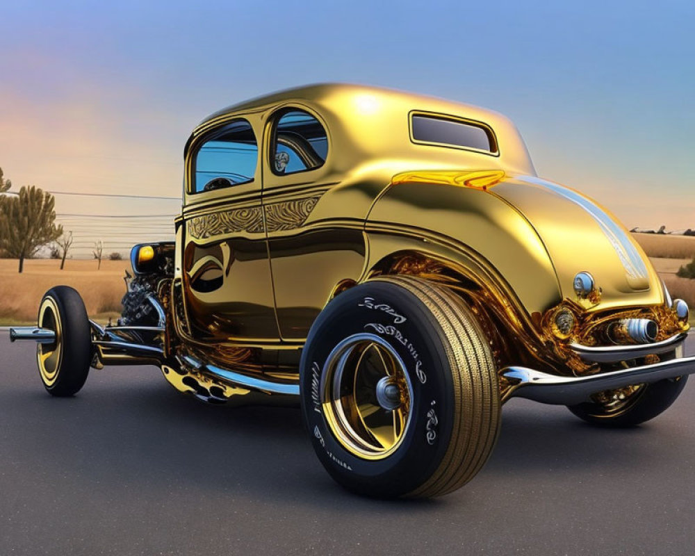 Shiny Gold Hot Rod with Decorative Patterns and Exposed Engine