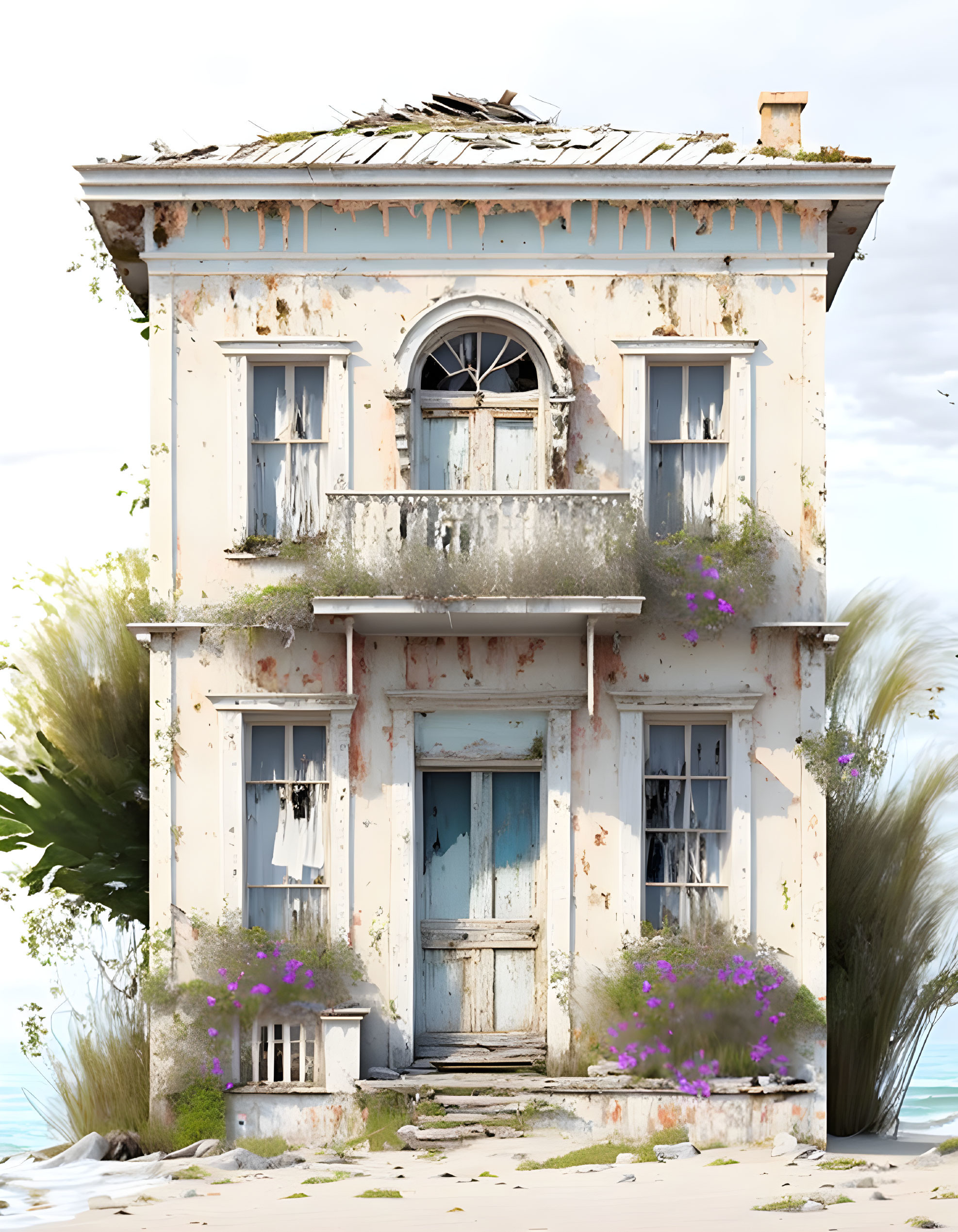 Weathered two-story house on sandy beach with blue doors and plant overgrowth