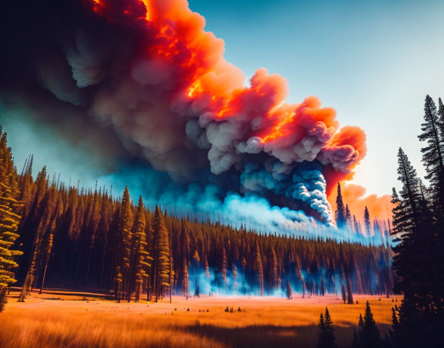 Intense wildfire with red and orange smoke plumes over dense forest