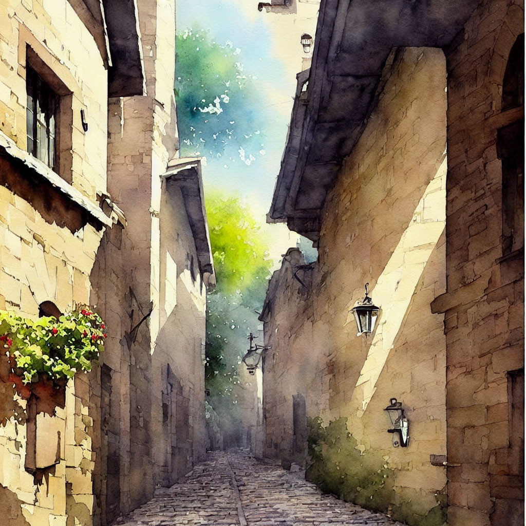 Historic European cobblestone alley with stone buildings, lanterns, and flower baskets under leafy