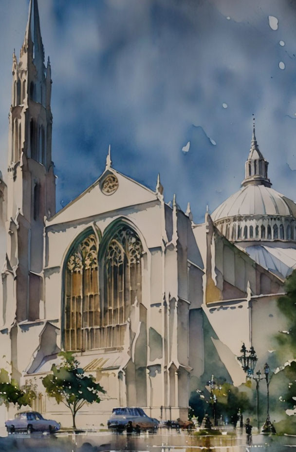 Gothic Cathedral Watercolor Painting with Rose Window, Spire, and Dome