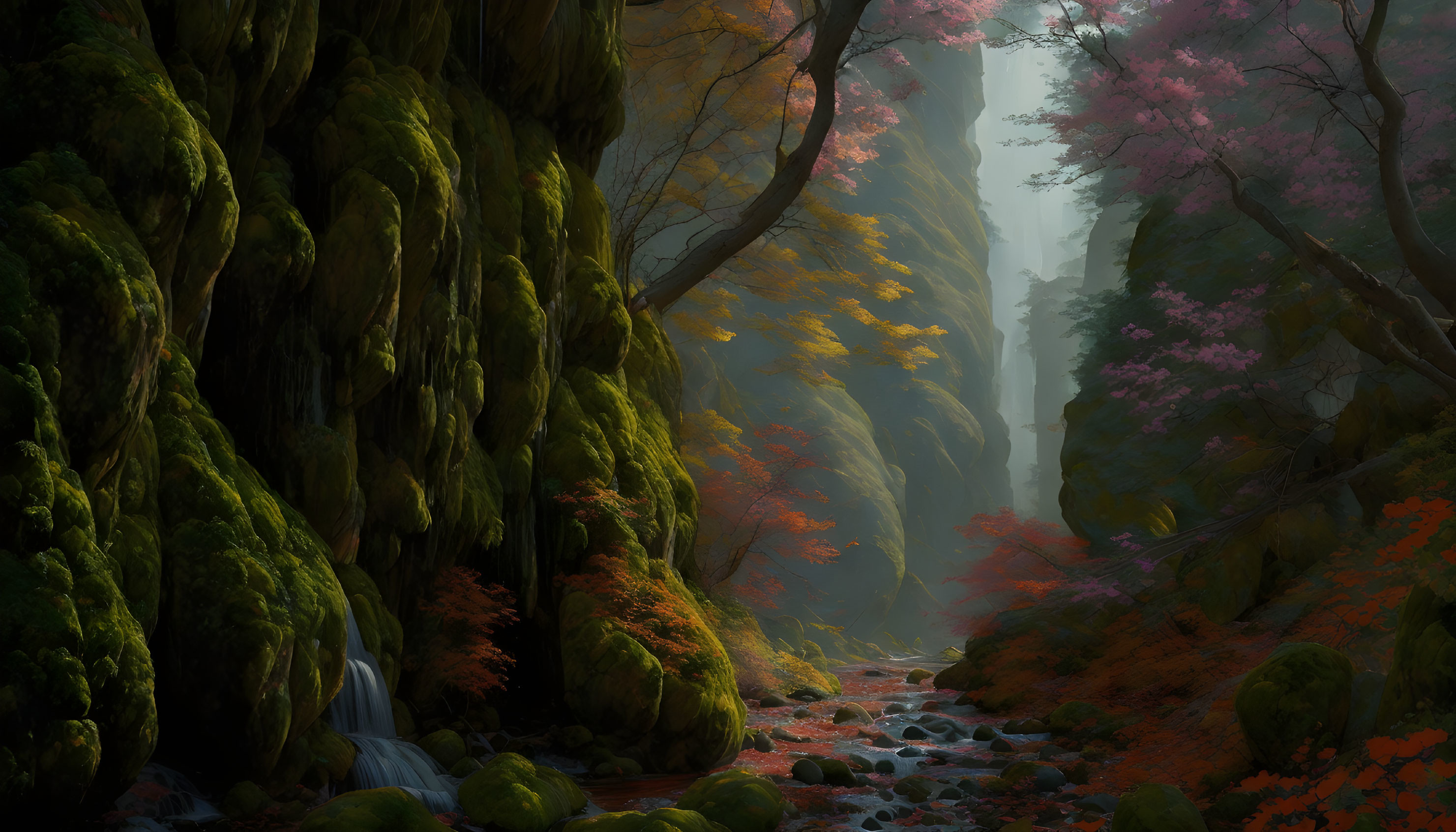 Tranquil forest scene with babbling brook and autumn trees