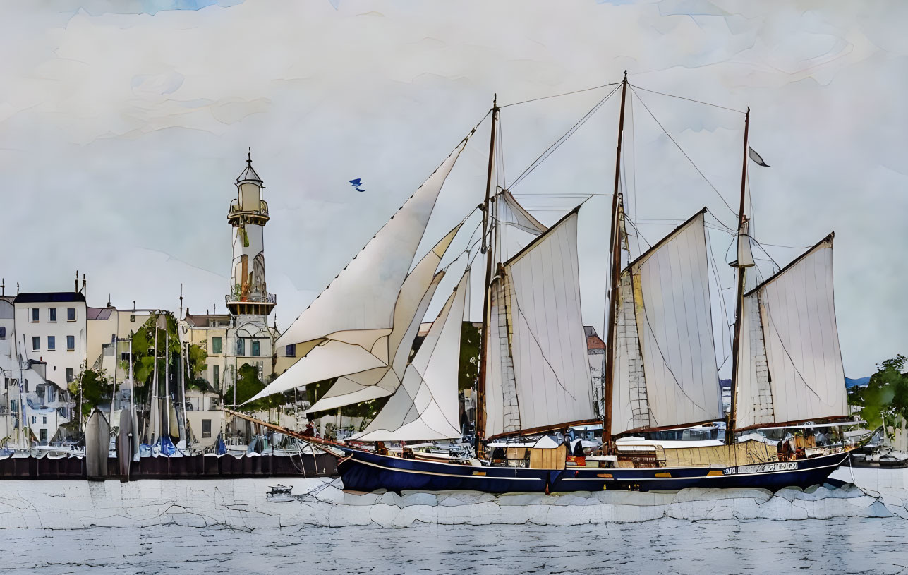 Sailboat with multiple masts and unfurled sails near coastline with lighthouse