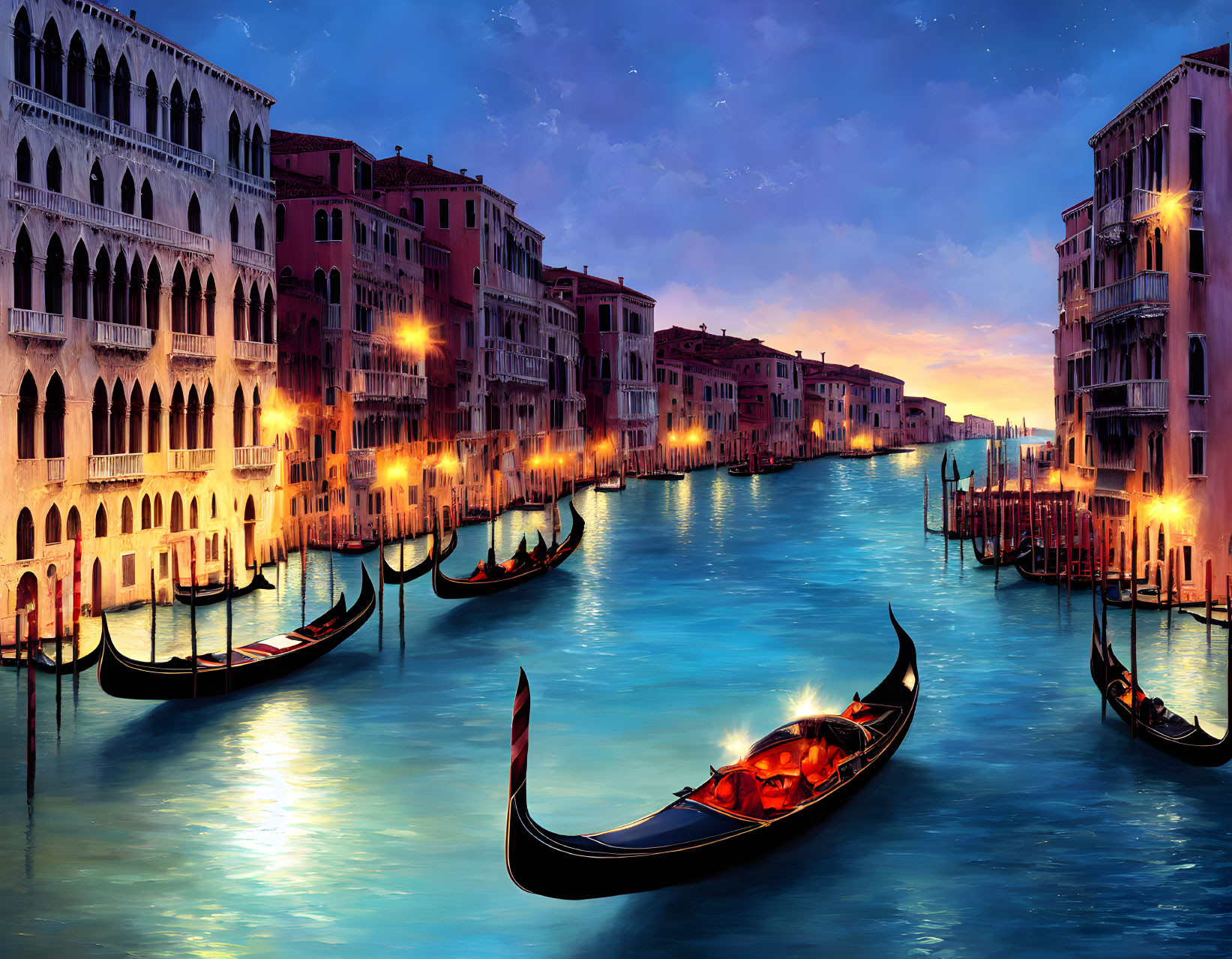 Venice Canal at Dusk with Gondolas and Starry Sky