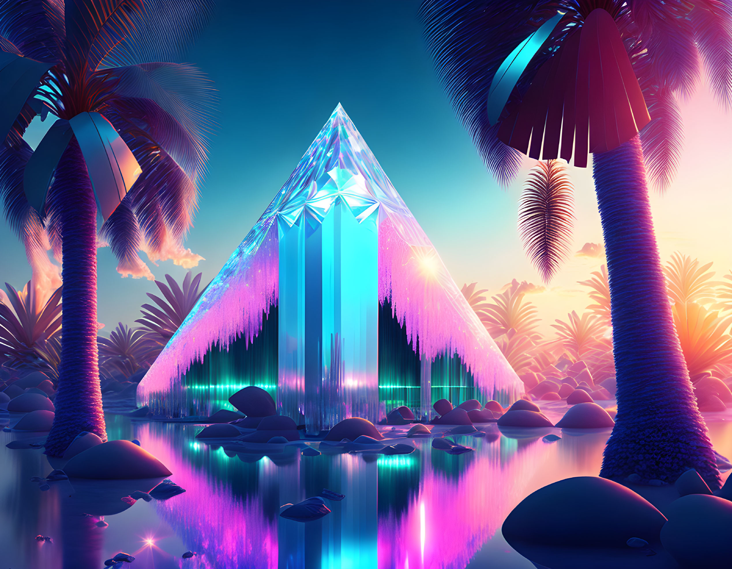 Crystal pyramid surrounded by neon-lit palm trees and serene water body at twilight