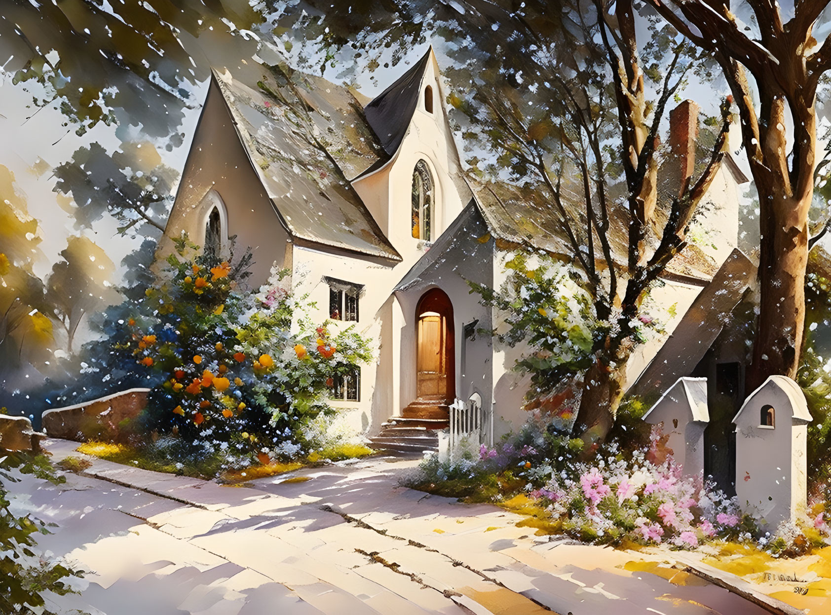 White cottage with brown door surrounded by blooming flowers and trees in sunny setting