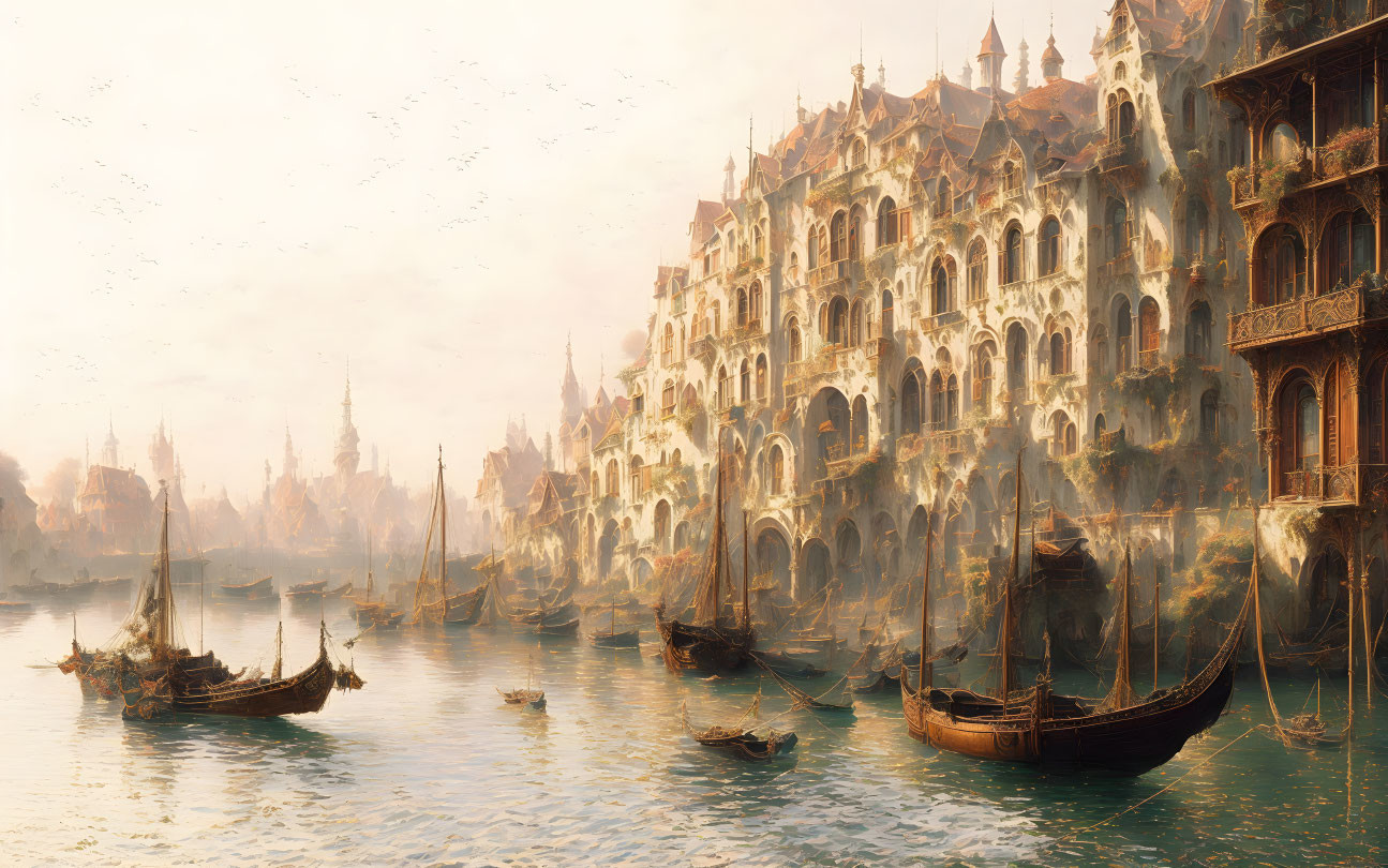 Historic cityscape with ornate buildings and gondolas on tranquil canal