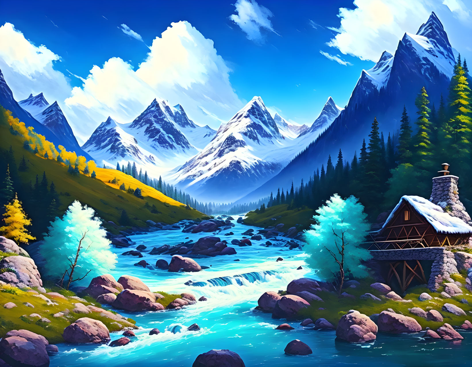 Colorful mountain landscape with river, trees, and cabin under blue sky