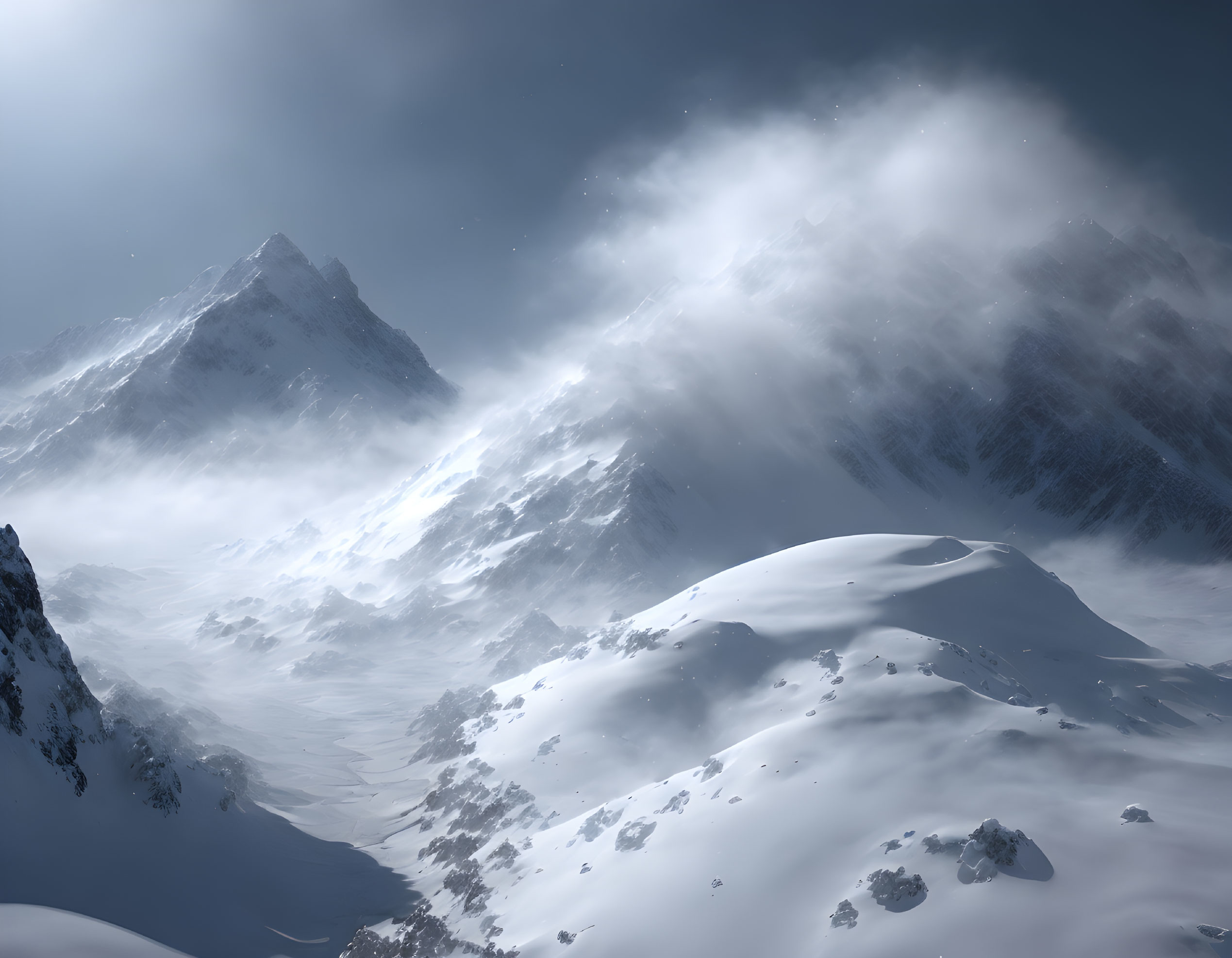 Majestic snow-covered mountain peaks in misty winter sunlight