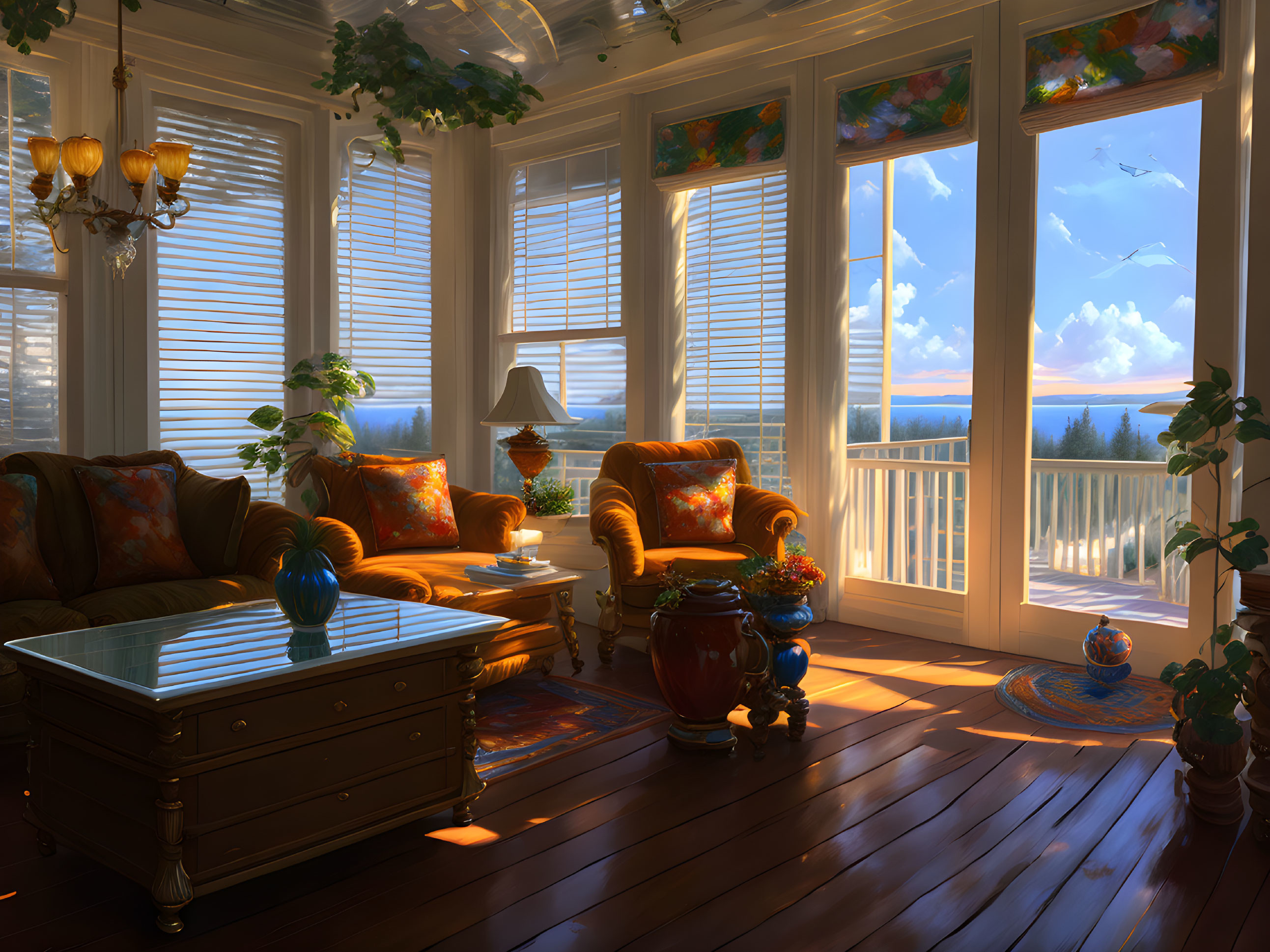 Sunlit living room with sea view, elegant furniture, wood floors, large windows, glass-paneled