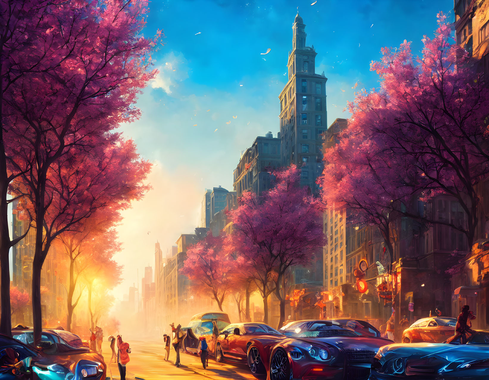 Cityscape with cherry blossoms, pedestrians, and cars at sunset