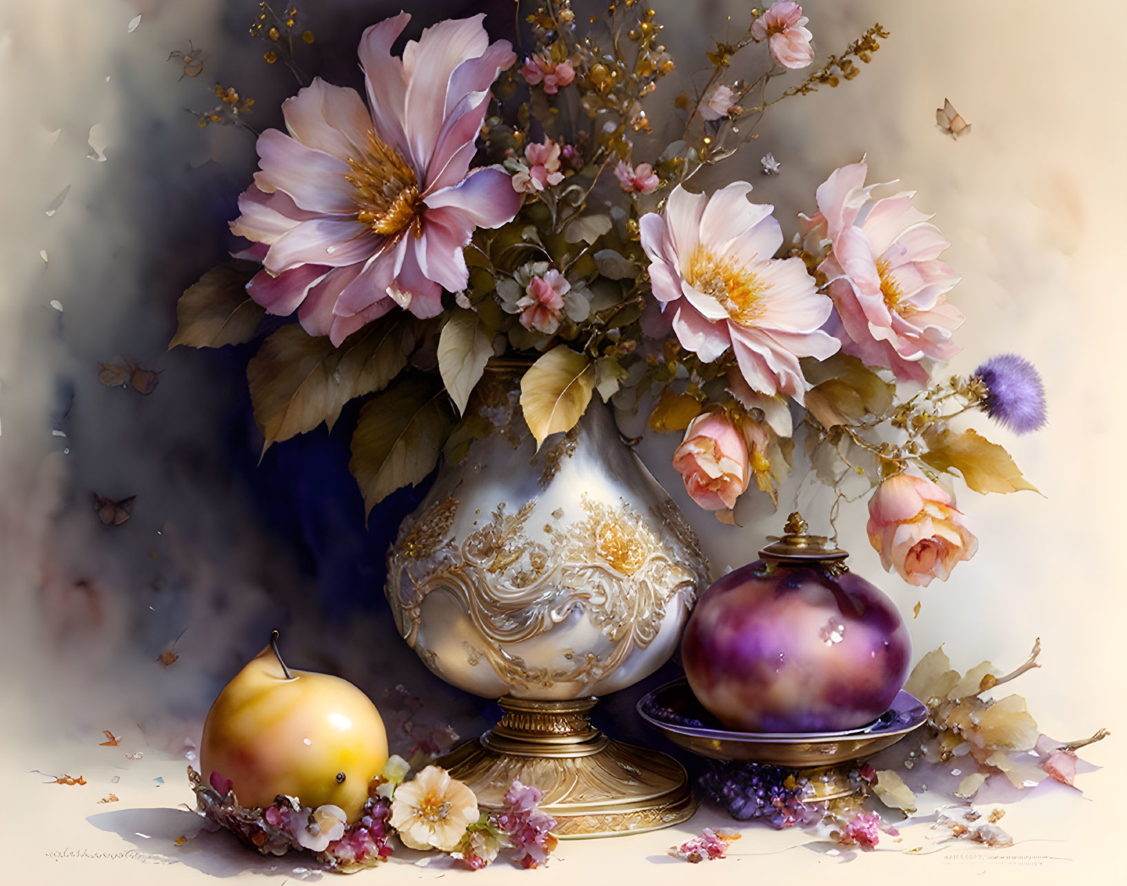 Pink flowers, apple, and covered dish in ornate vase - still life composition.