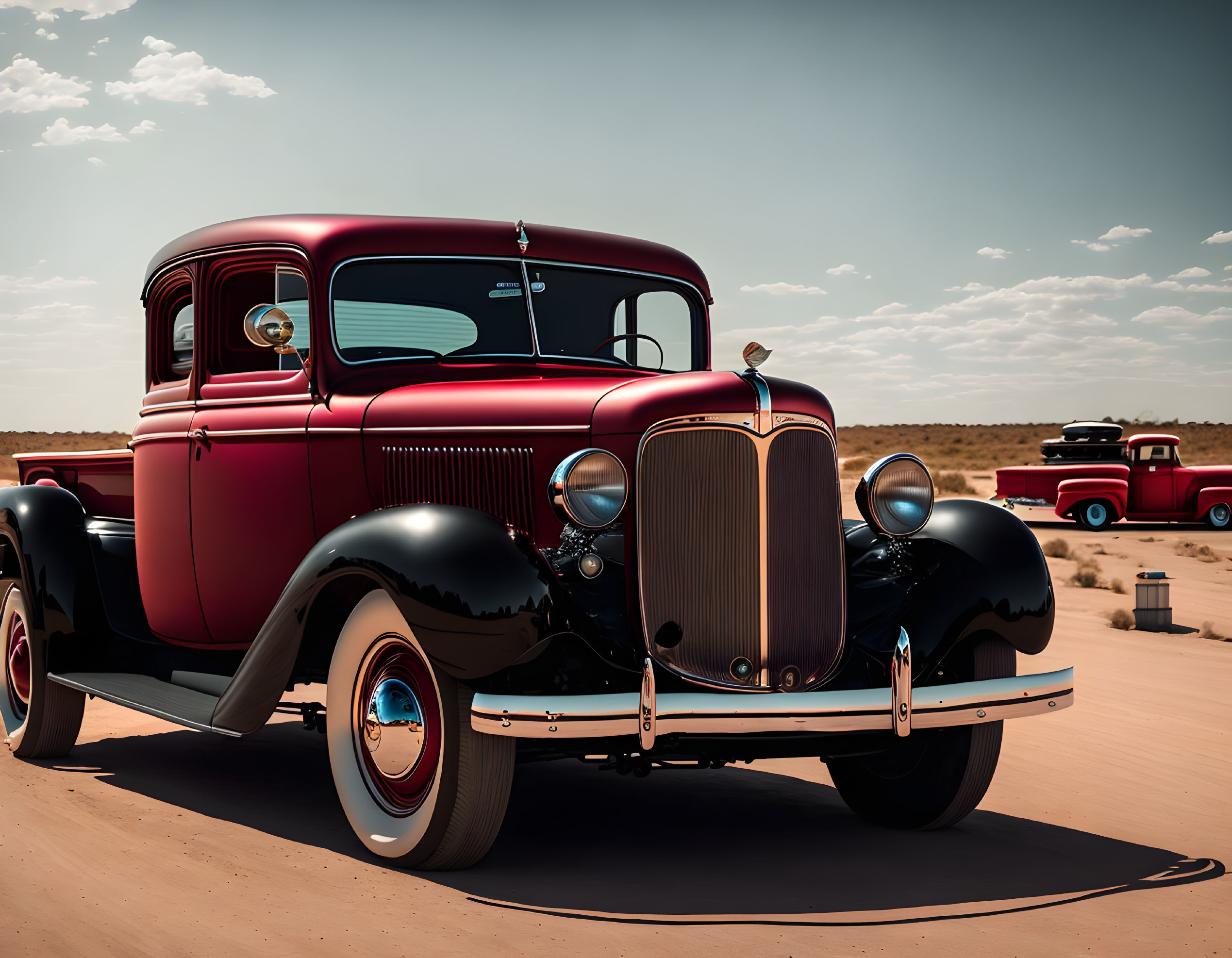 Vintage Red Pickup Truck Parked on Sandy Plain with Classic Vehicle in Background