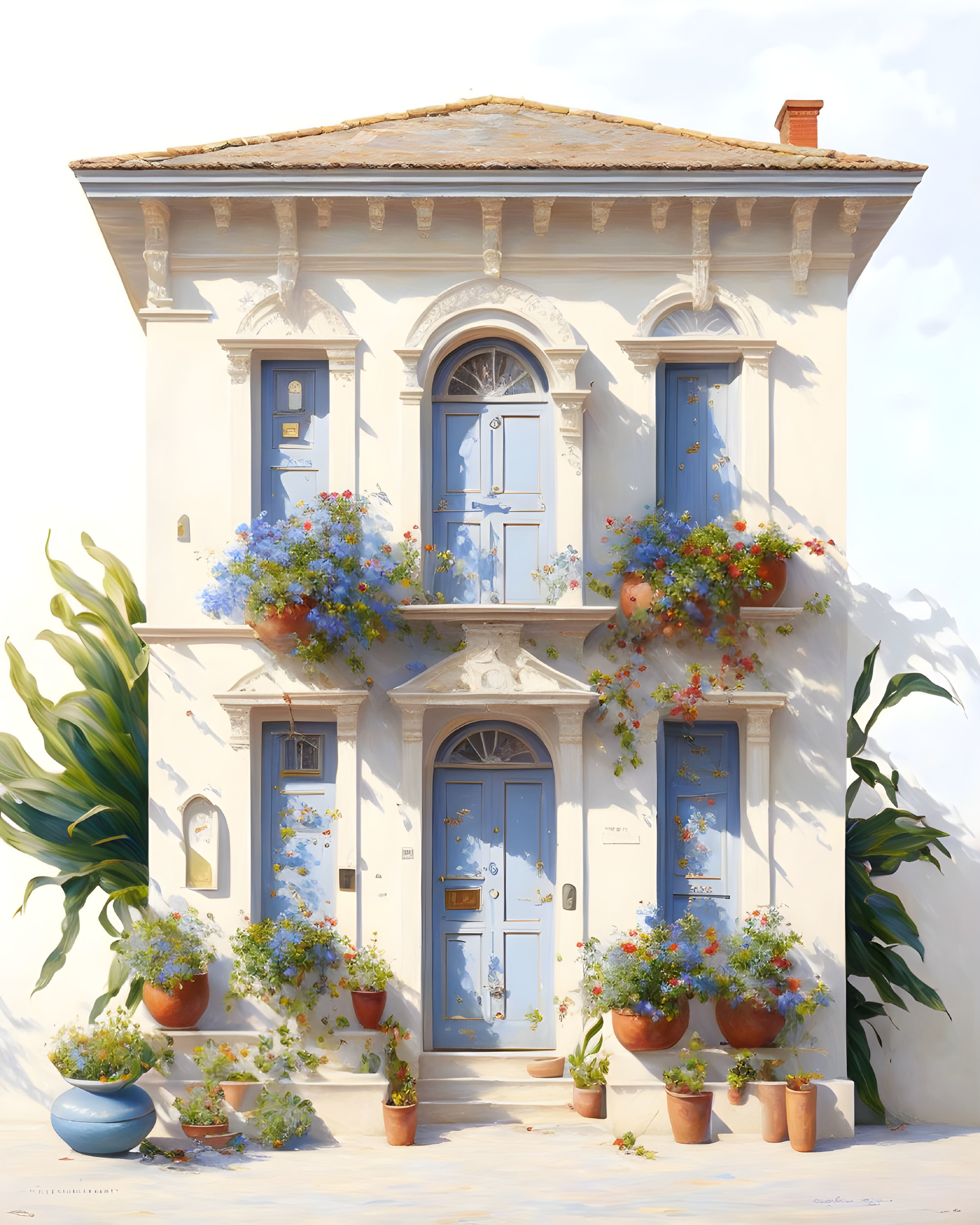 White Mediterranean-style House with Blue Shutters and Balcony