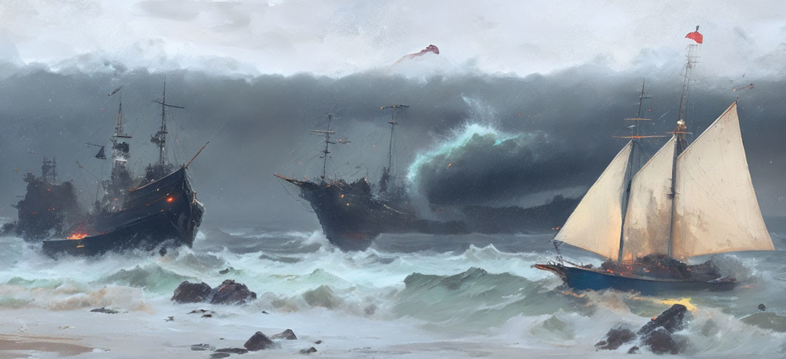 Stormy Sea Battle Between Sailing Ships