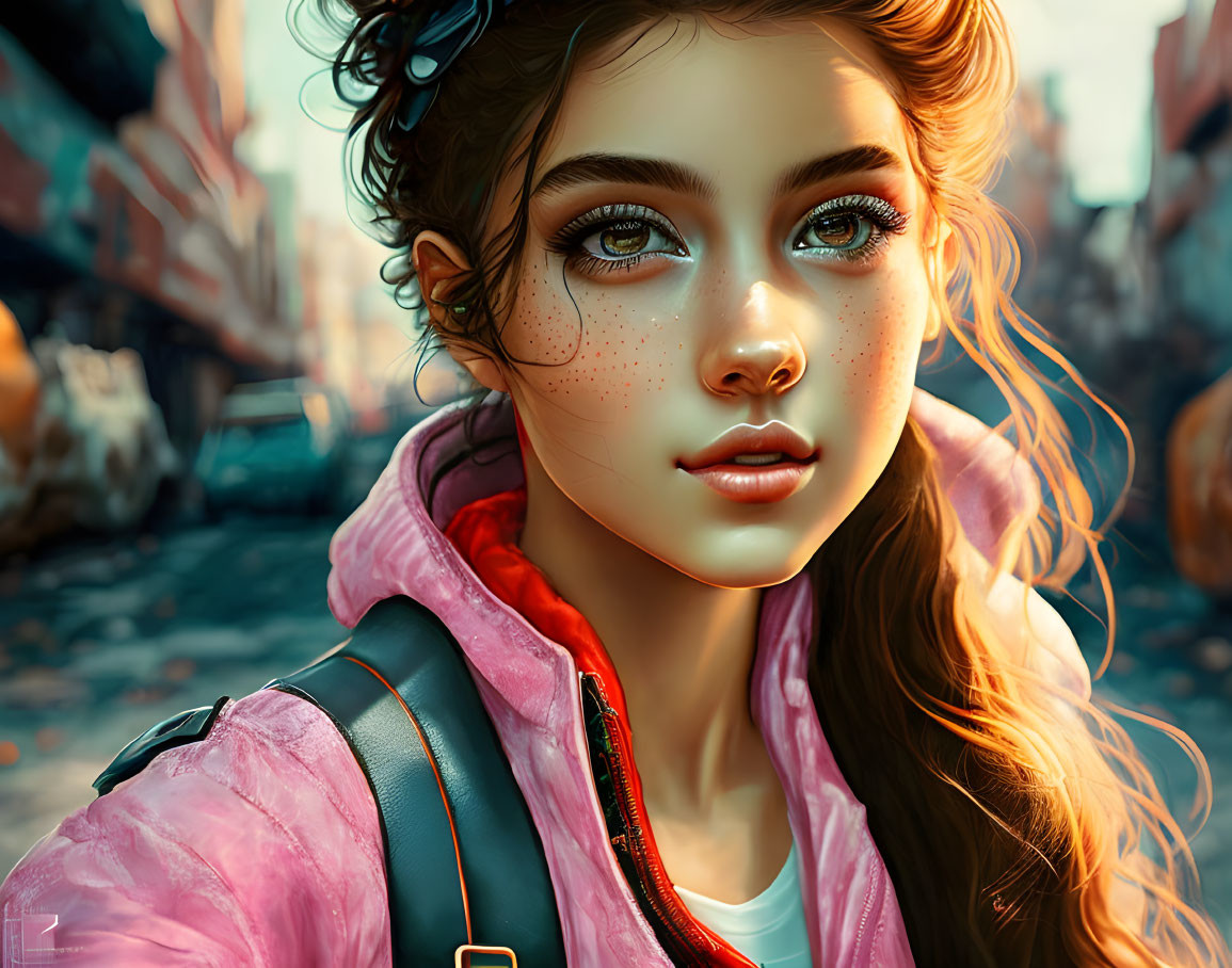 Digital artwork: Young woman with freckles, blue eyes, pink jacket, and backpack in urban