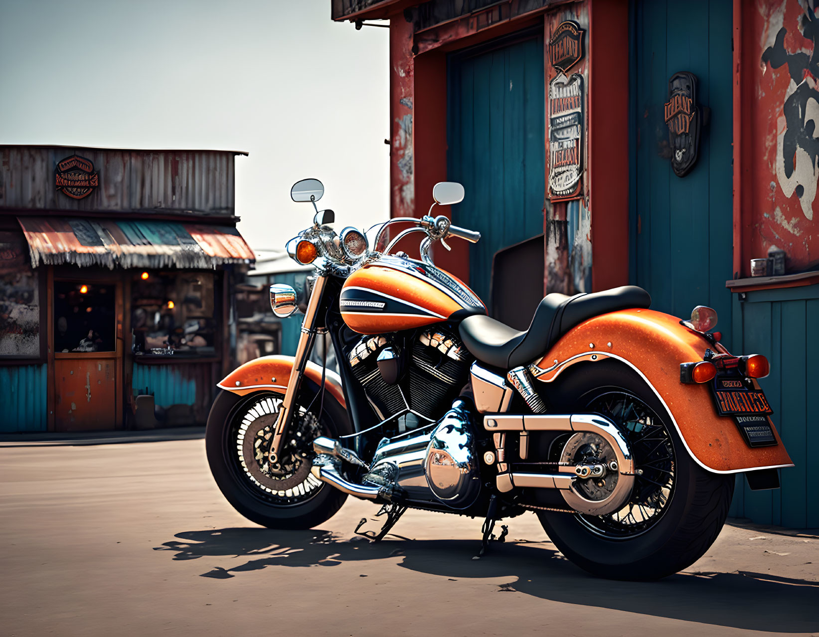 Classic Orange Motorcycle Parked in Front of Rustic Shops Under Clear Blue Sky