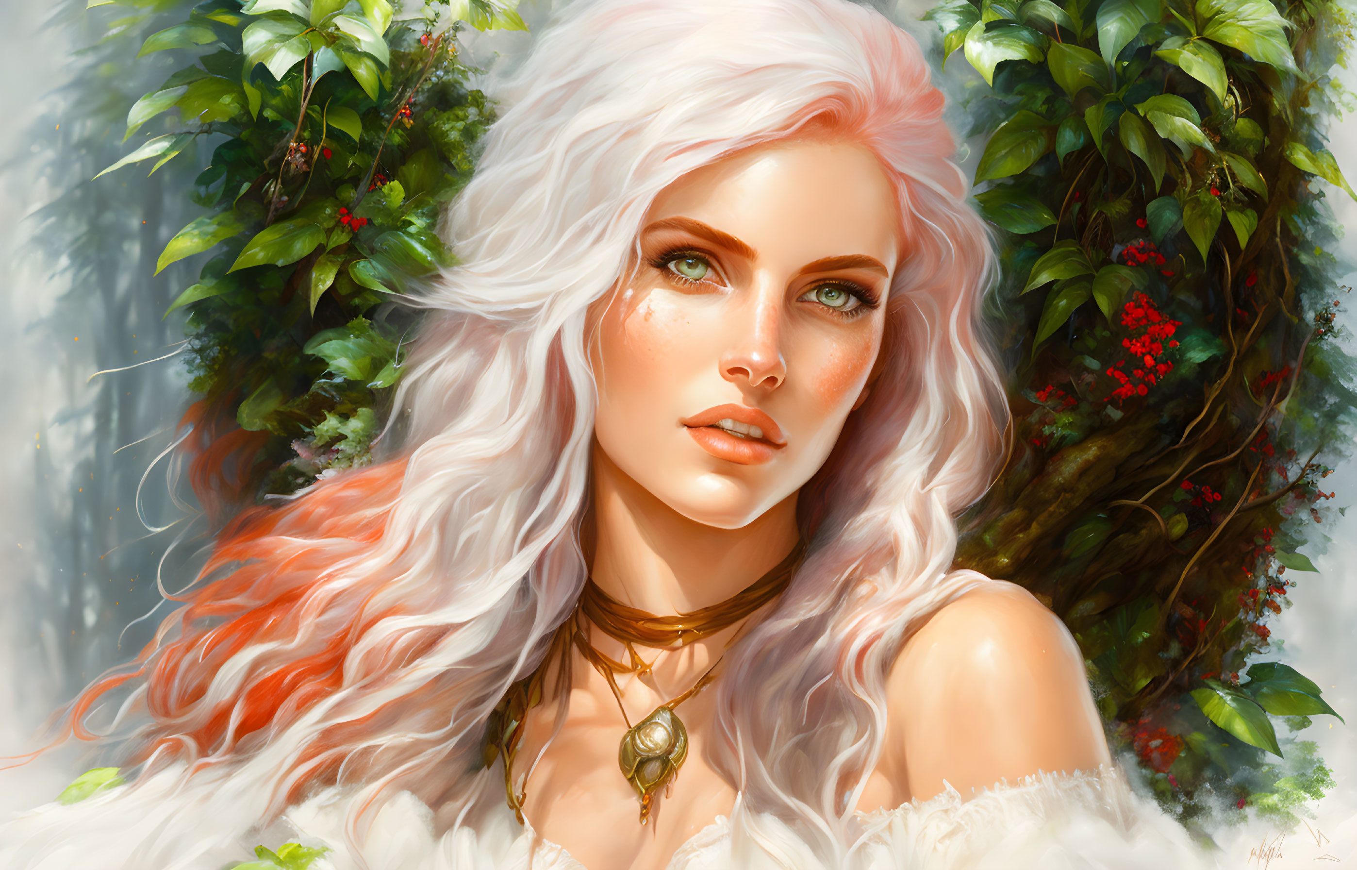 Digital artwork featuring woman with white wavy hair and blue eyes in green floral setting