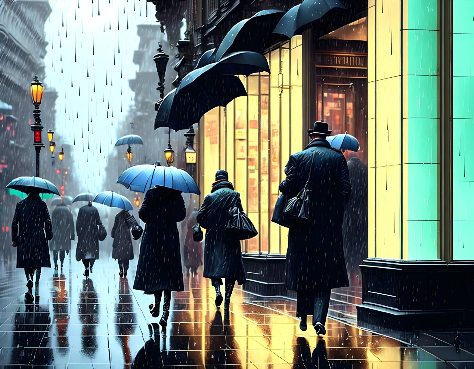 Pedestrians with umbrellas in rainy city scene