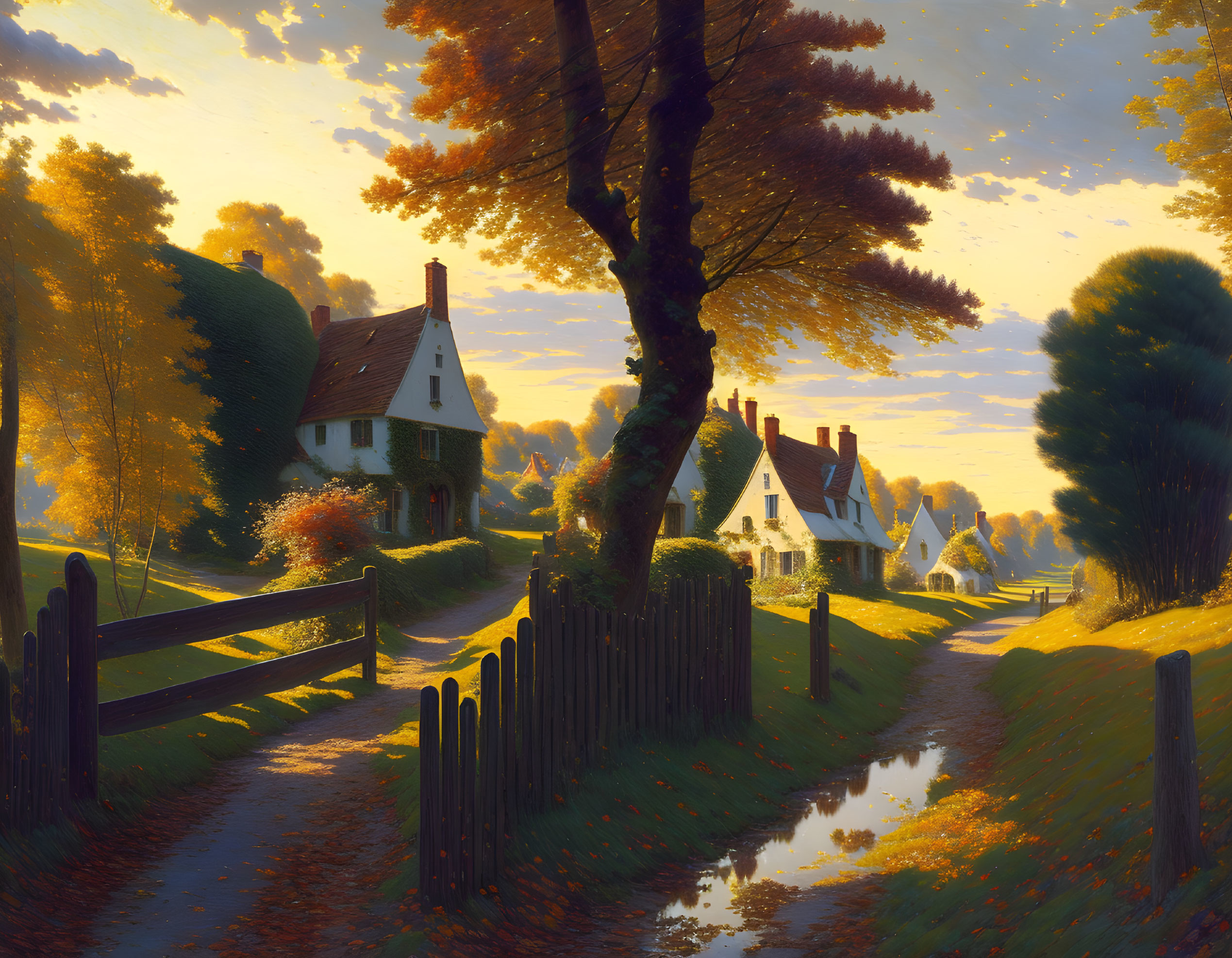 Peaceful village scene: thatched cottages, autumn trees, sunset glow on country lane.