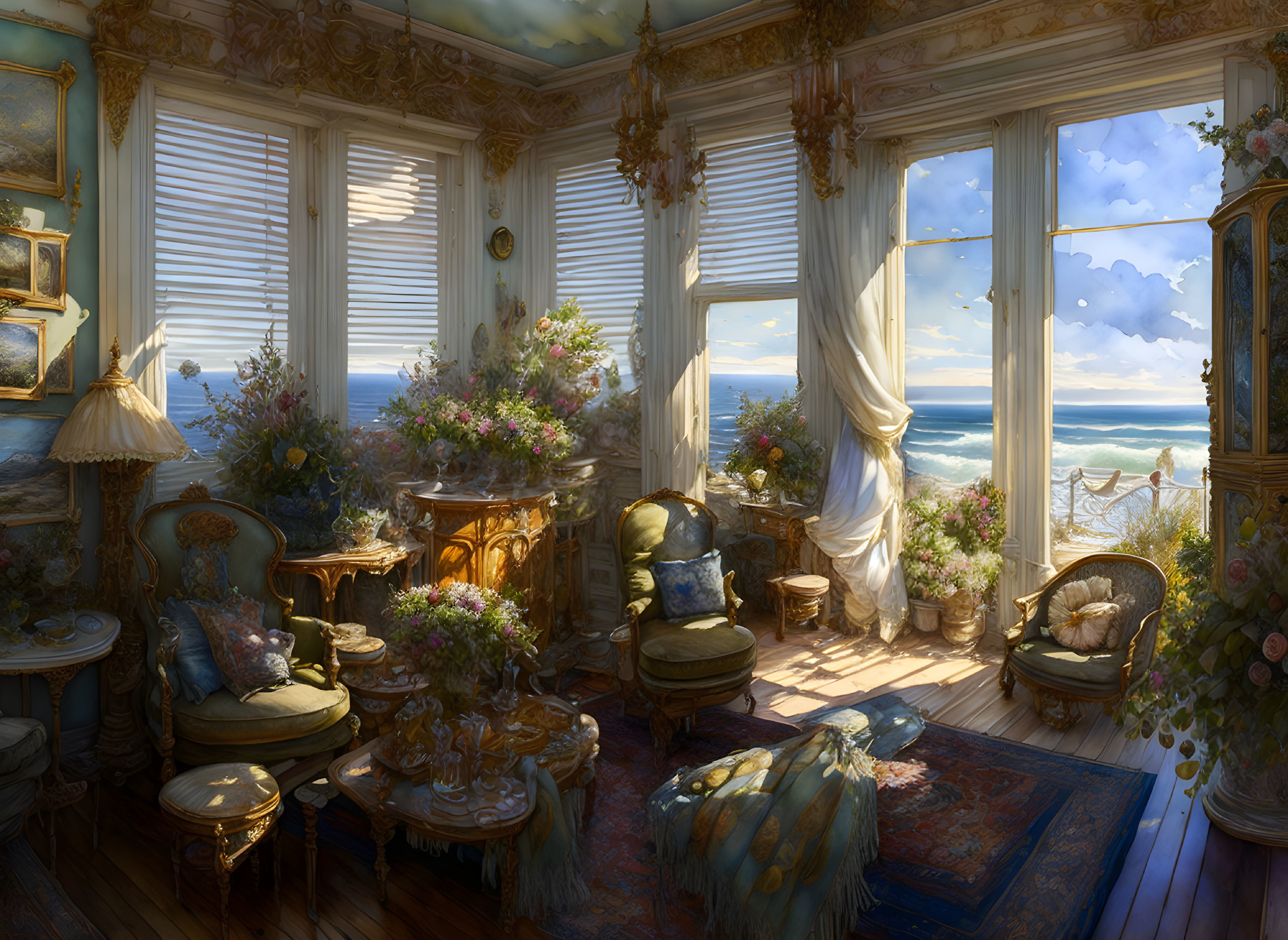 Seaside room with flowers, elegant furniture, and ocean view