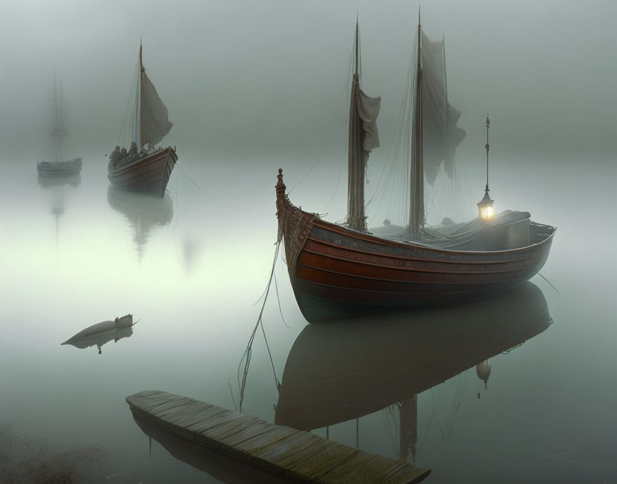 Tranquil misty scene with wooden boats, lantern, and fish in water