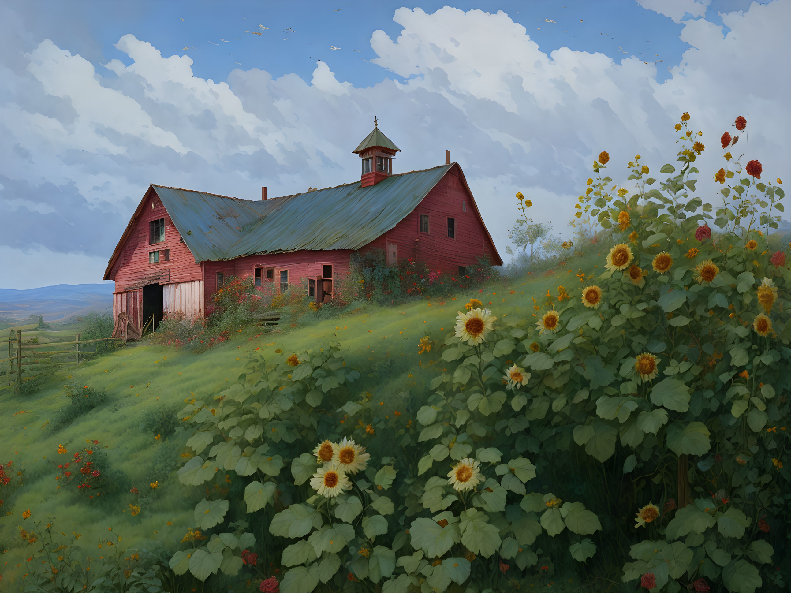 Weathered red barn with green hillside and sunflowers under cloudy sky