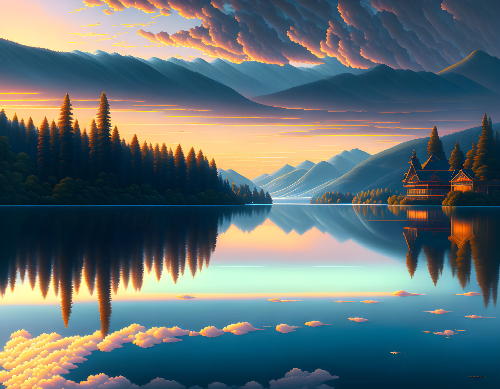 Scenic sunset over tranquil lake with pine trees, mountains, and cabin