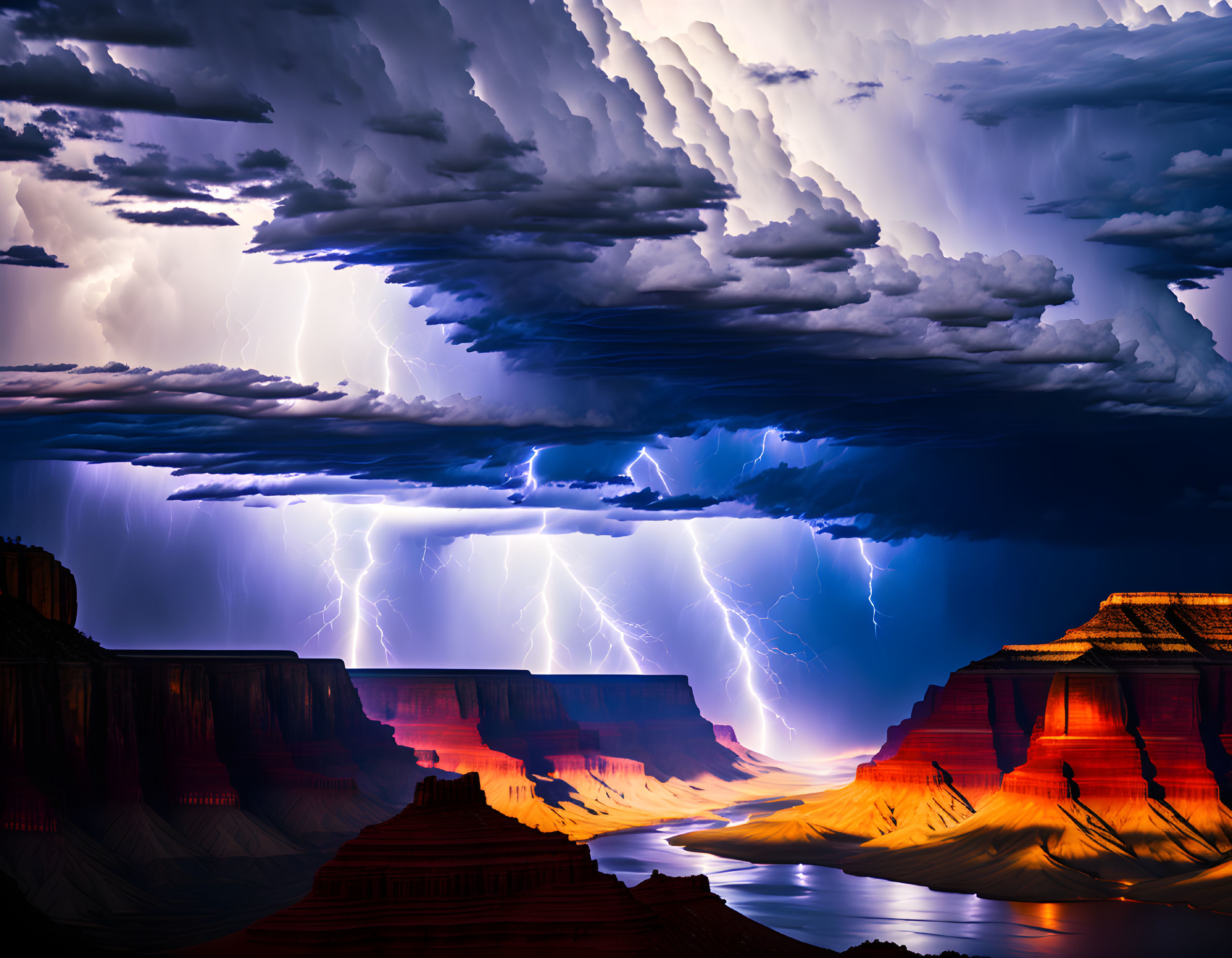 Grand Canyon illuminated by dramatic lightning strikes under tempestuous sky