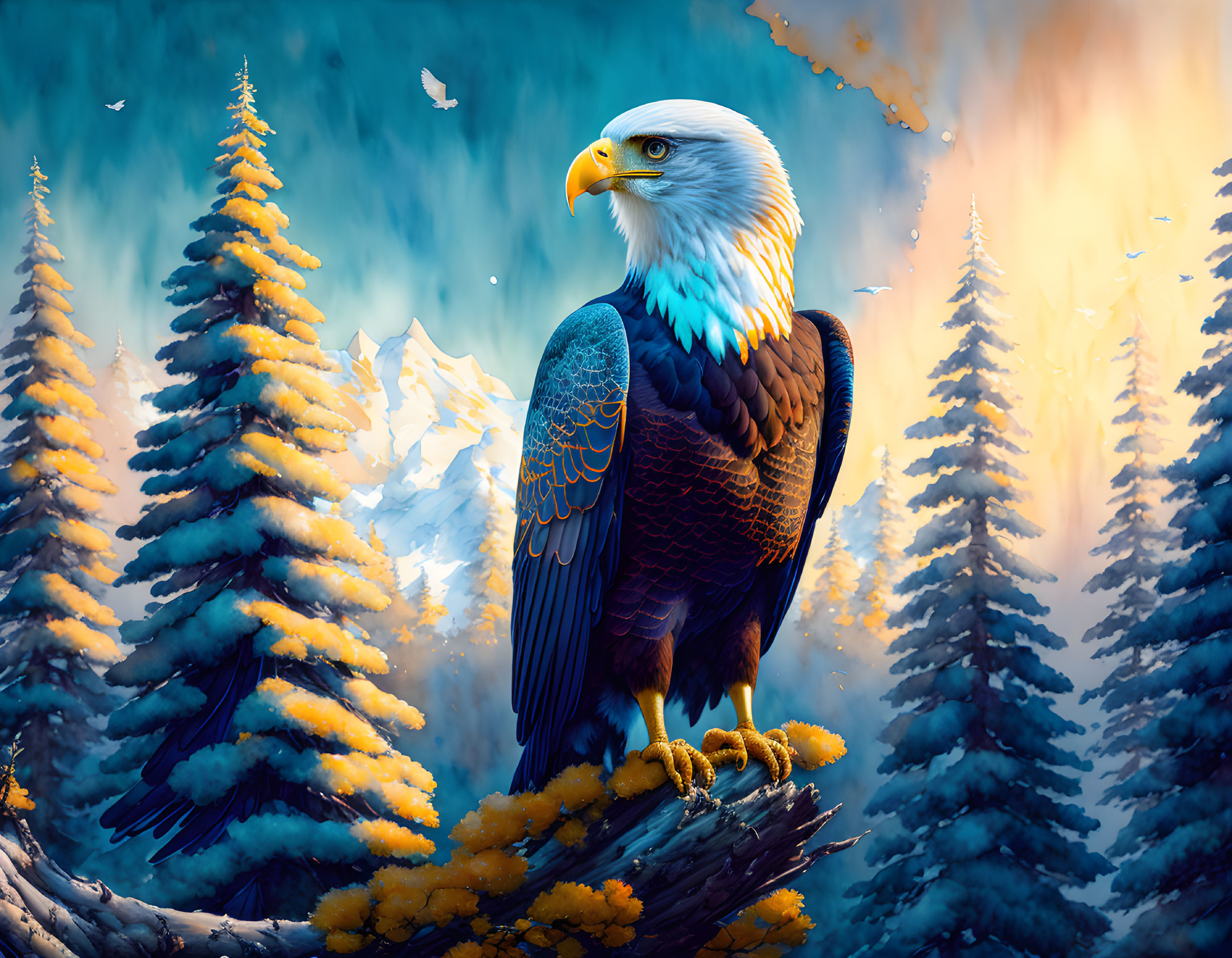 Bald eagle perched on snowy branch with mountain backdrop