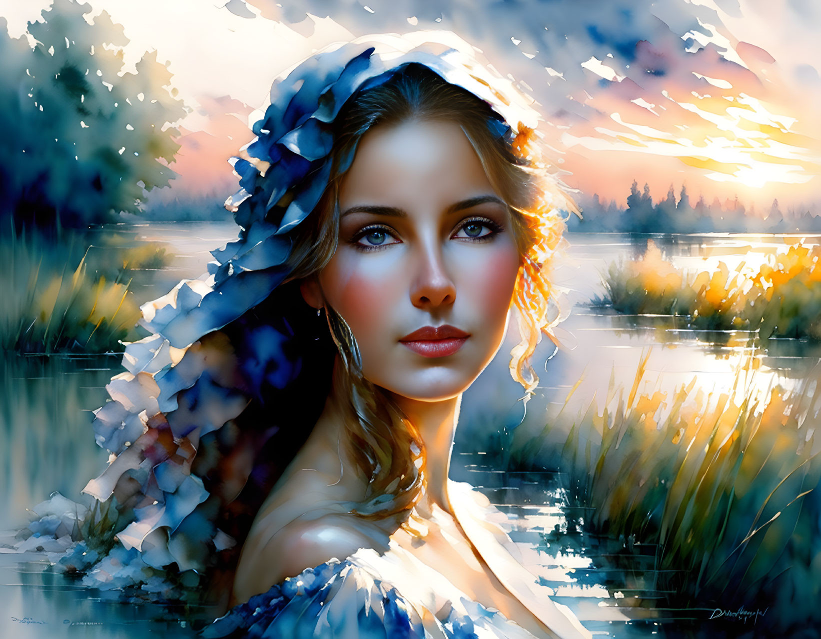 Woman with Floral Headdress in Digital Painting with Sunset Reflection