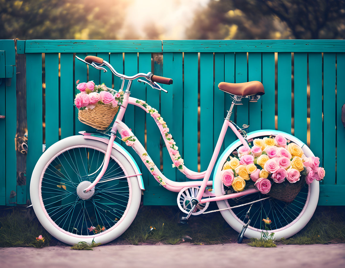 Pink bicycle with flower decorations against teal fence.