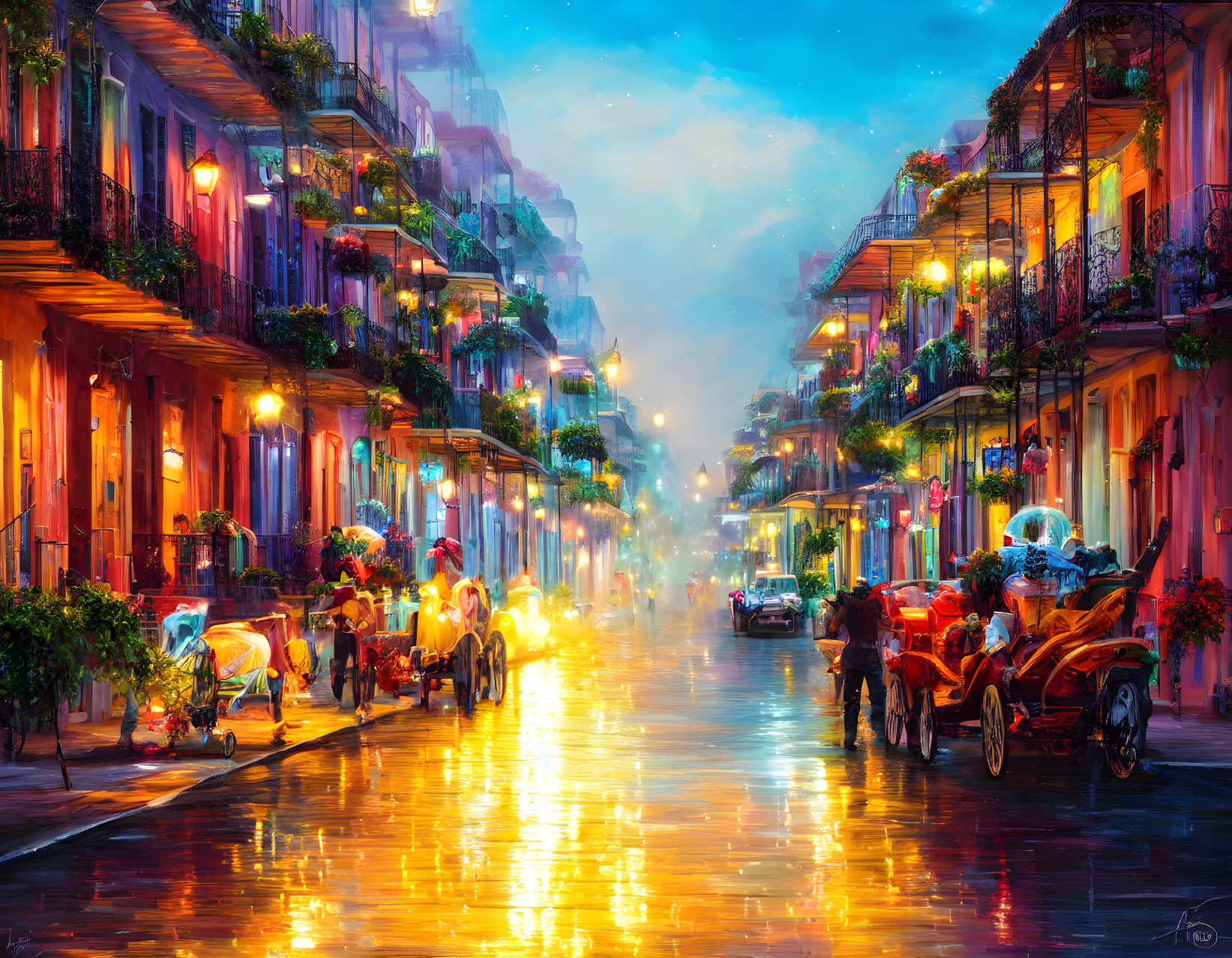 Colorful Night Cityscape with Wet Street and Horse-Drawn Carriages