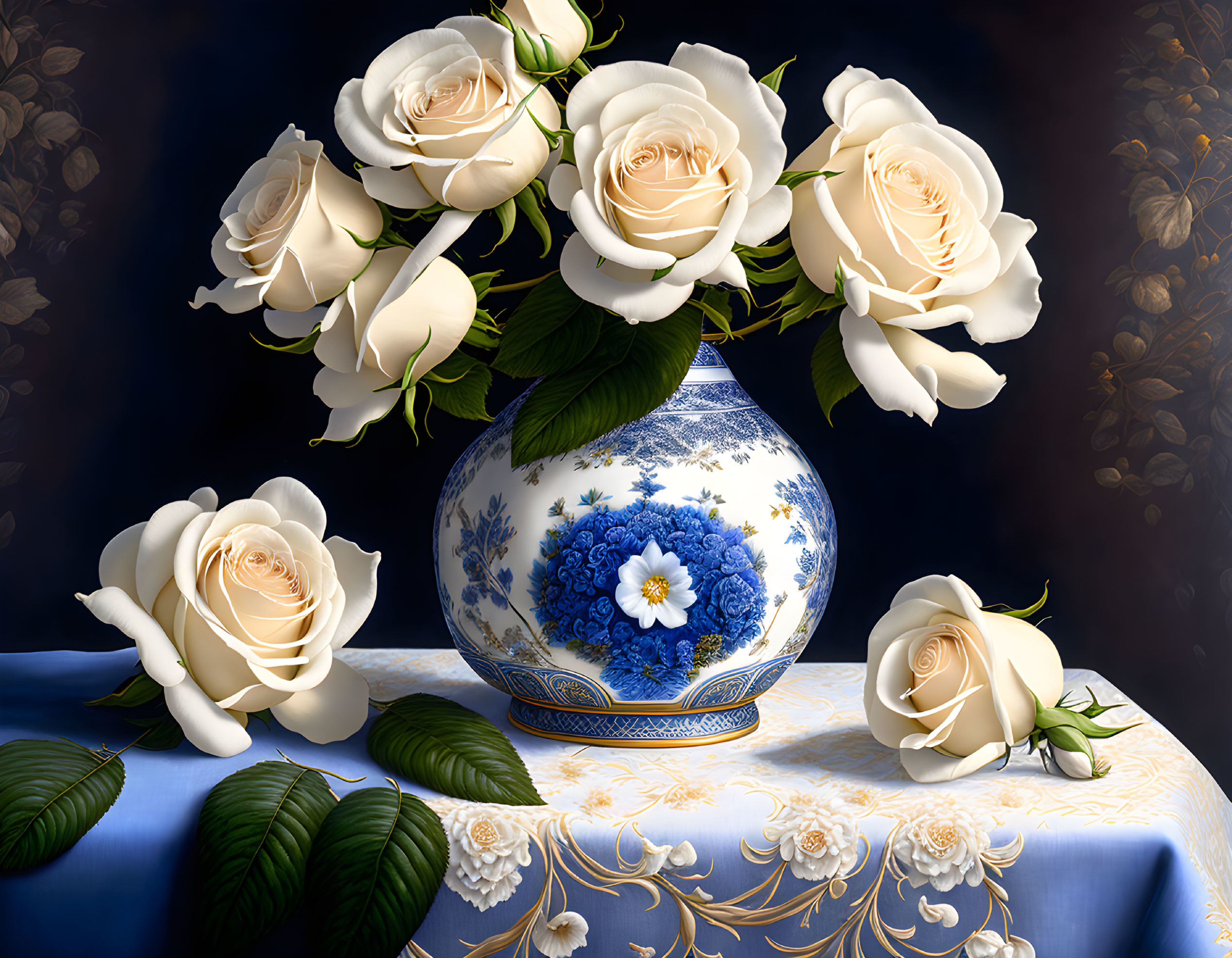 Detailed Still Life: Ivory Roses in Blue and White Vase on Embroidered Tablecloth