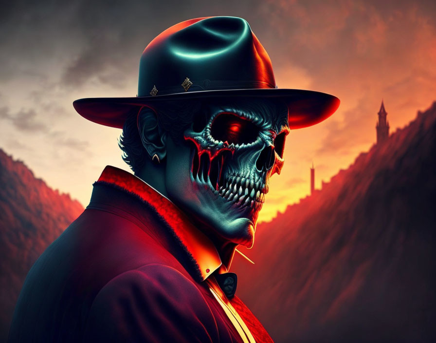 Skeletal figure in fedora and suit with red glowing eye socket against fiery sunset