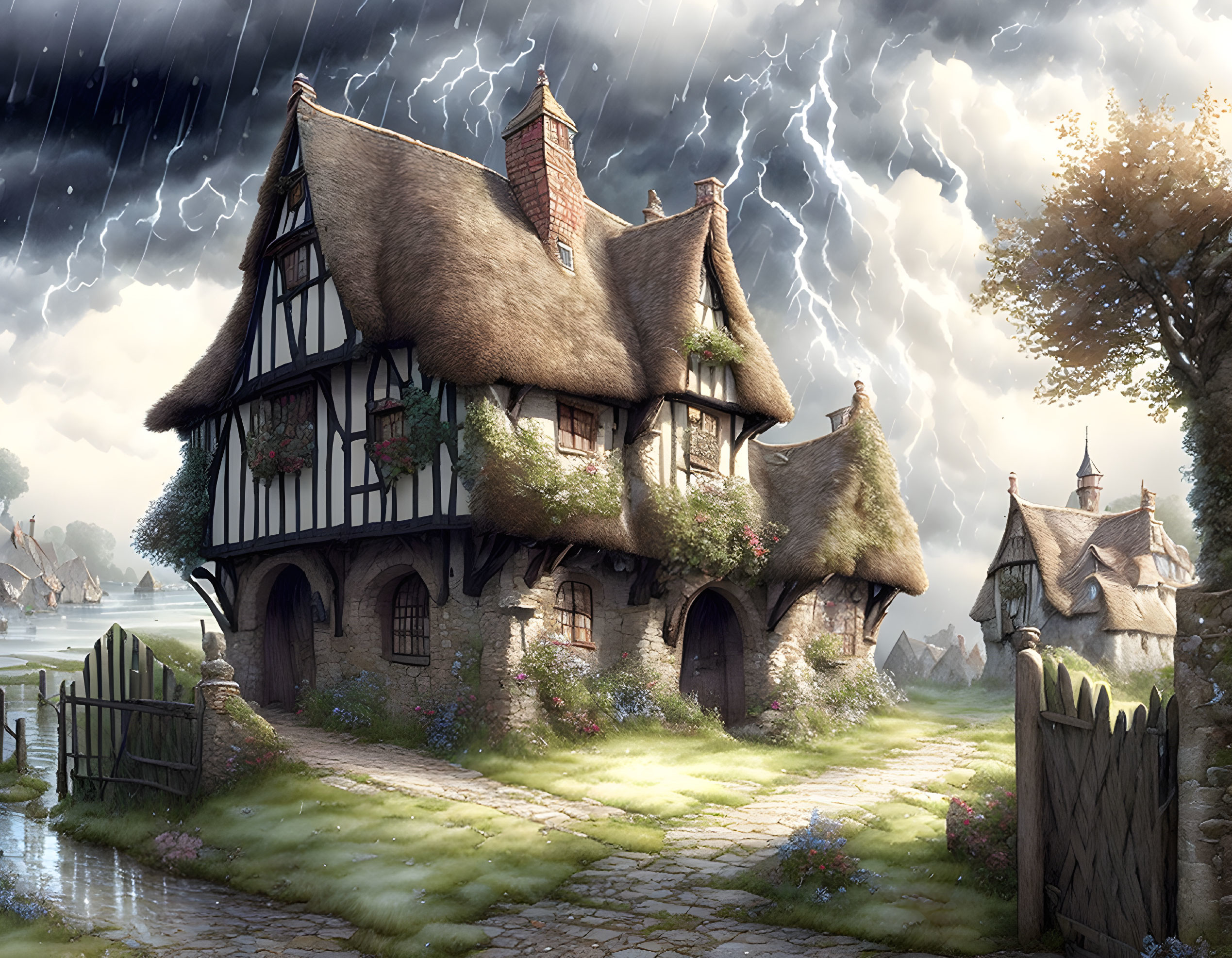 Tudor-style Thatched Cottage in Serene Landscape with Stormy Sky