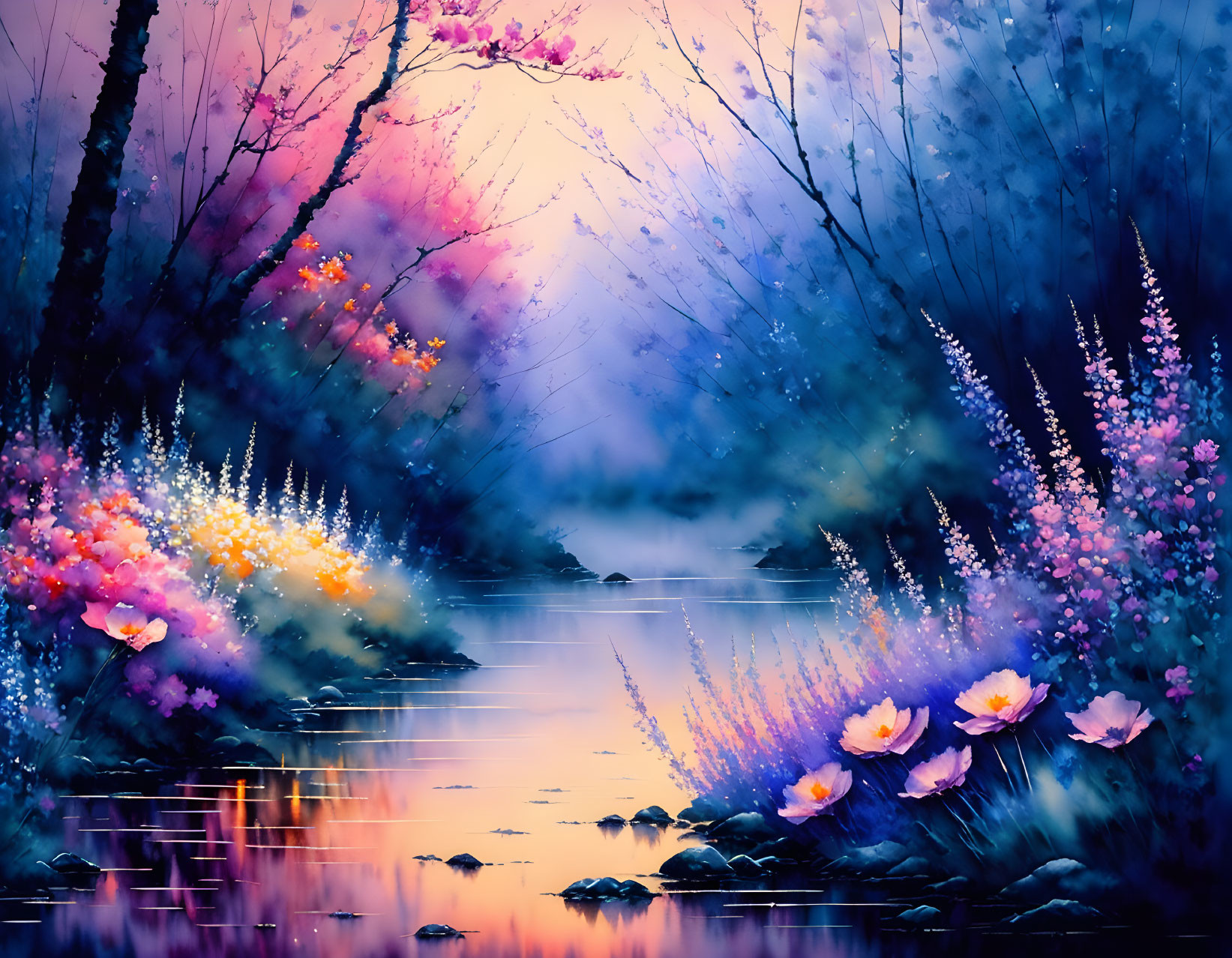 Mystical forest digital art with pink and blue foliage by serene lake