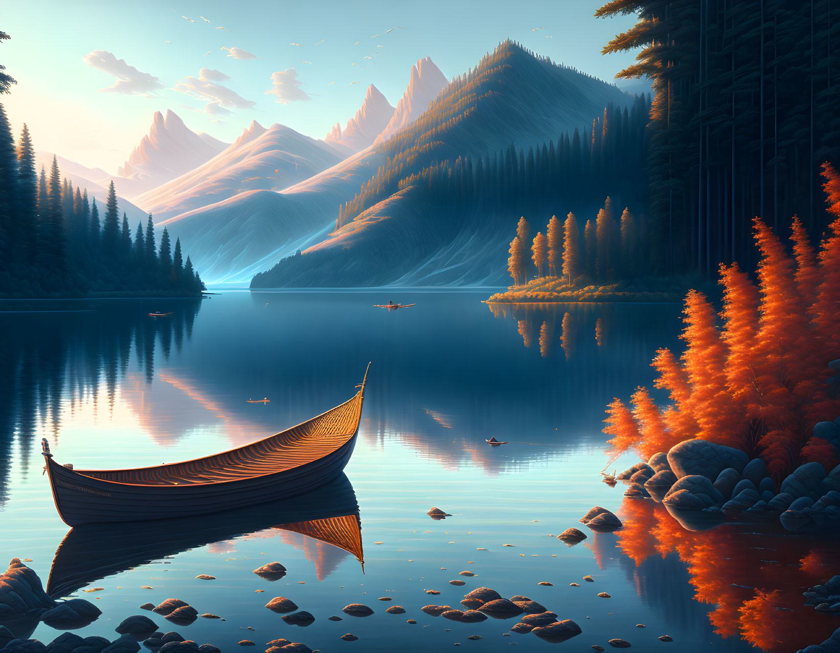 Tranquil landscape with still lake, towering mountains, fiery-orange forests, and serene blue sky