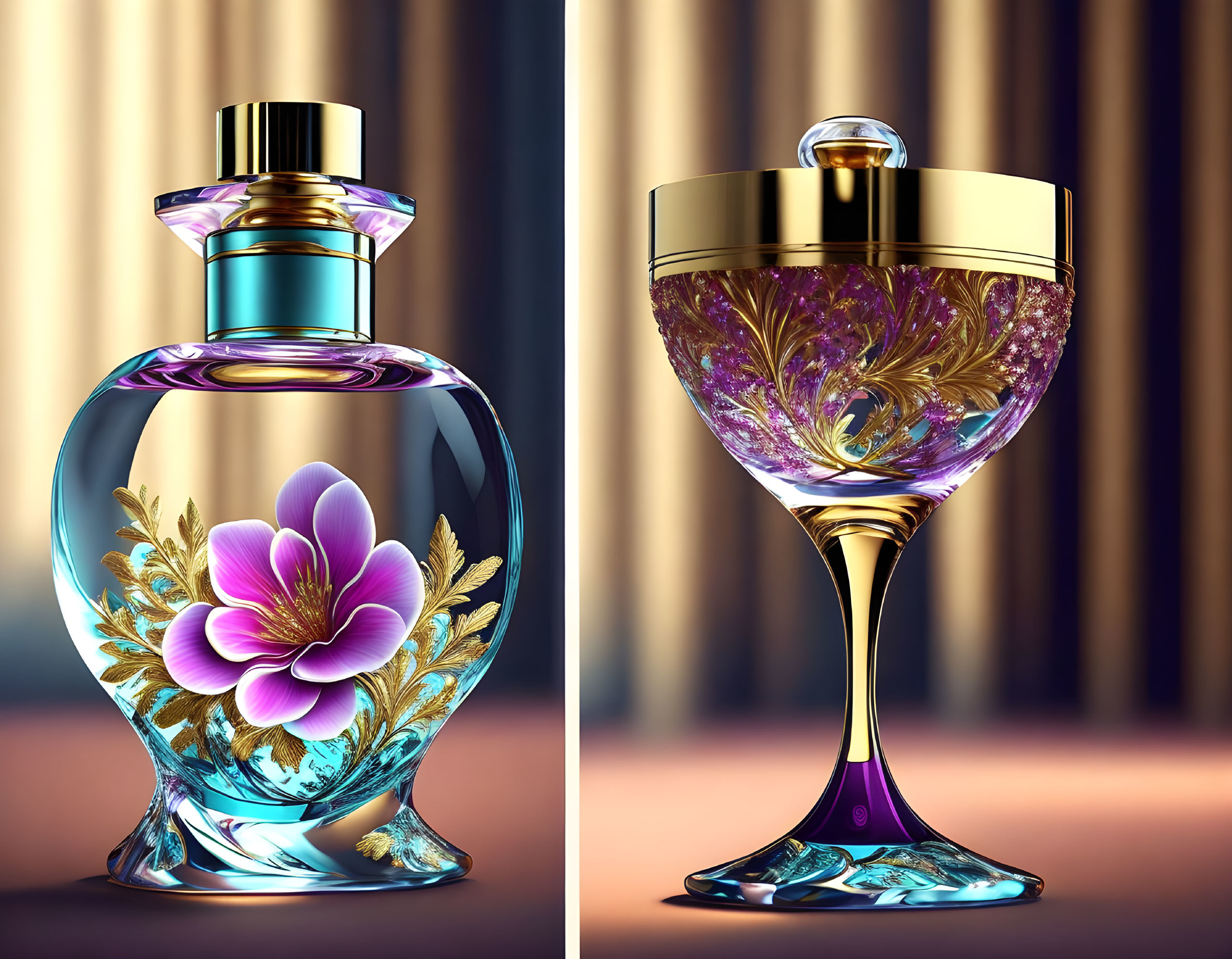 Ornate perfume bottles with floral and feather designs