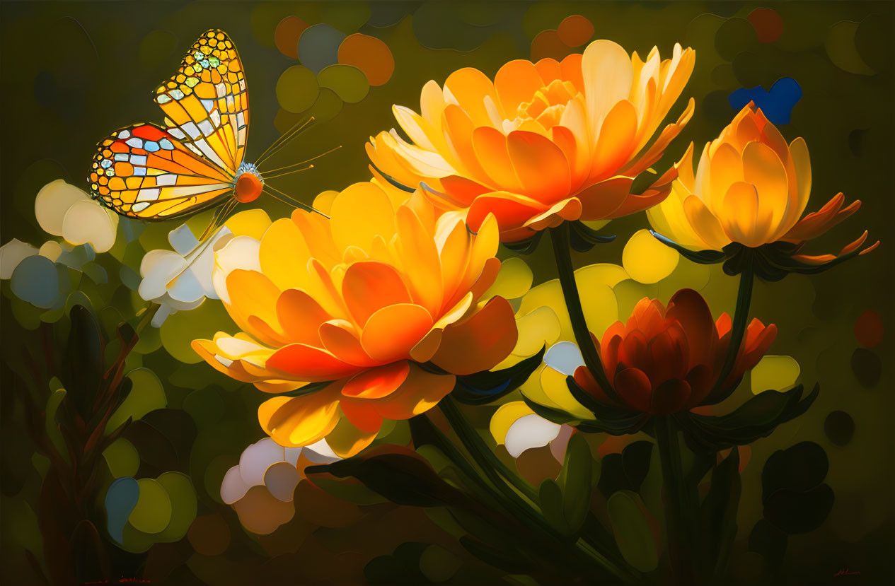 Colorful Monarch Butterfly Painting with Orange-Yellow Flowers