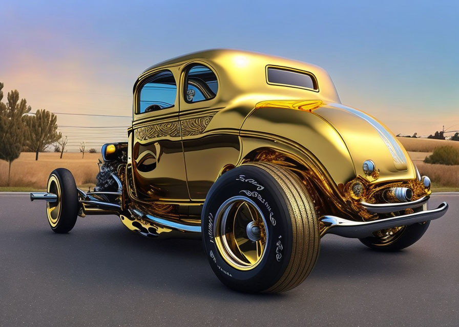 Shiny Gold Hot Rod with Decorative Patterns and Exposed Engine