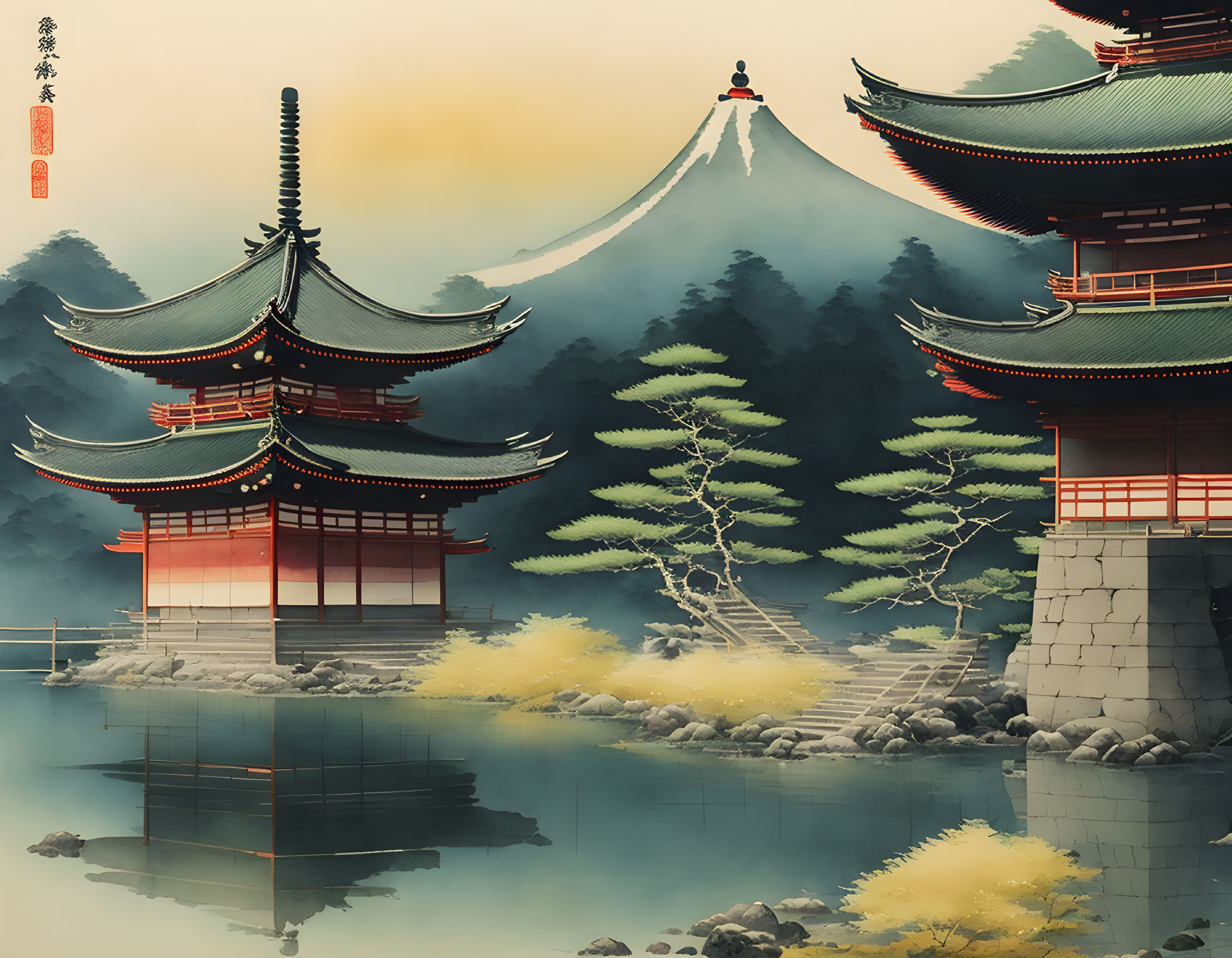 Japanese Pagodas, Mount Fuji, and Misty Landscape in Asian Painting