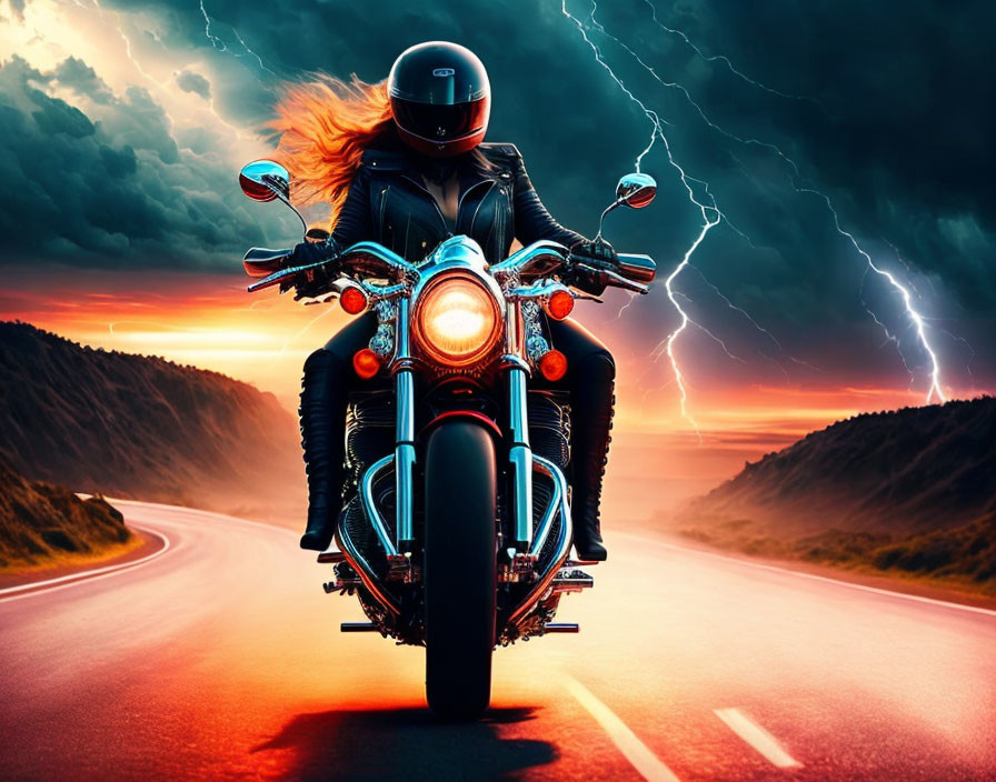 Fiery red-haired person on motorcycle under dramatic sunset sky